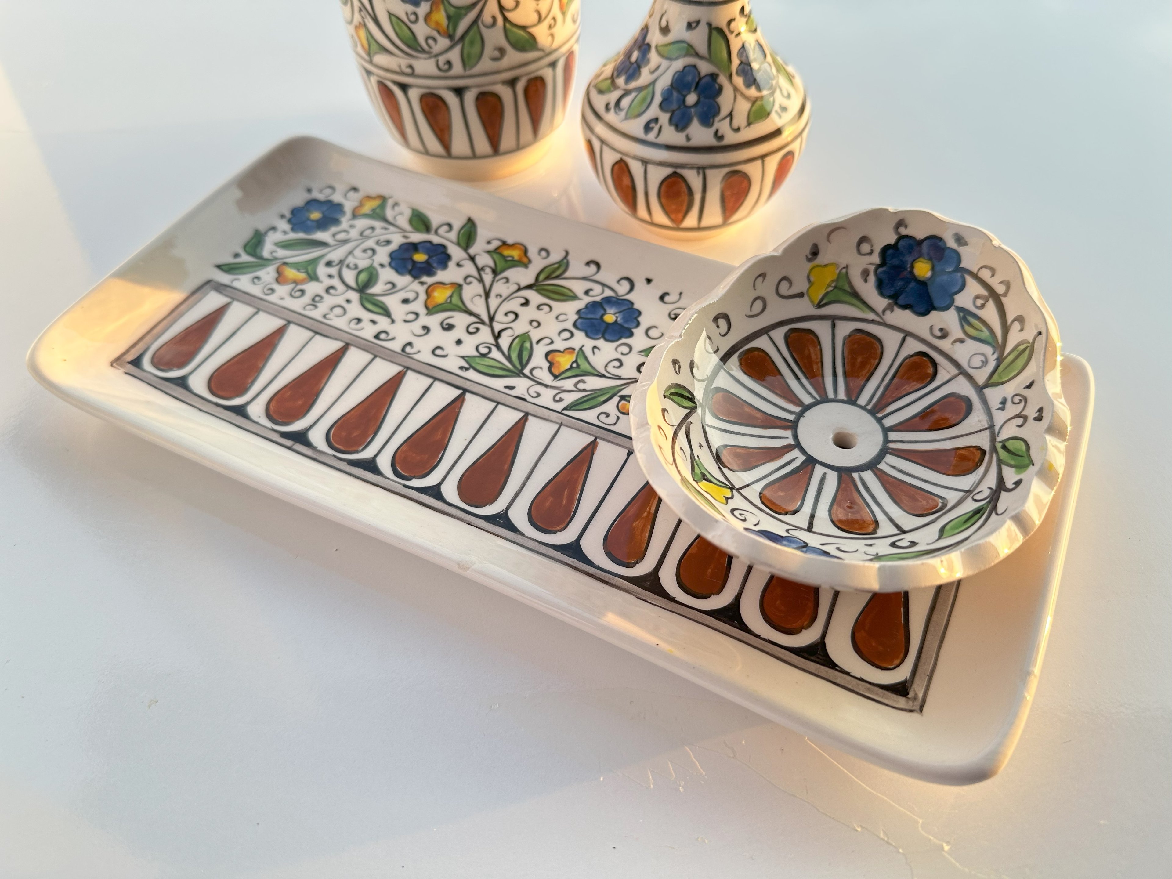 Hand Painted Ceramic Bathroom Accessory Set - Geometric Pattern