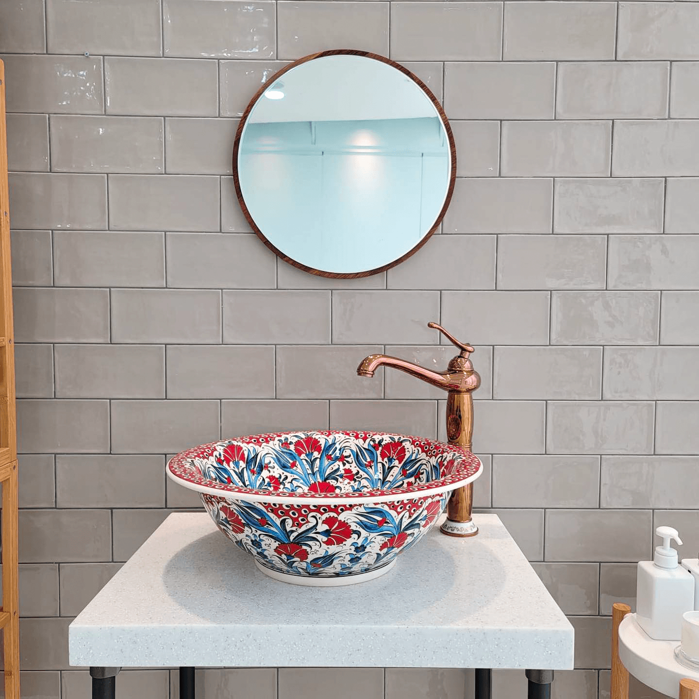 Hand Painted Bathroom Vanity Top Ceramic Vessel Sink - Red Carnation and Blue Tulip