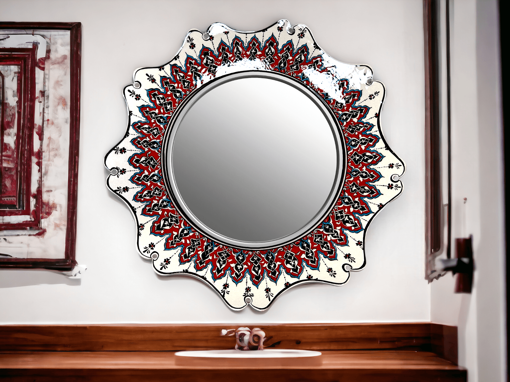 Hand-Painted Bathroom Ceramic Mirror | Red Flowers & Geometrical