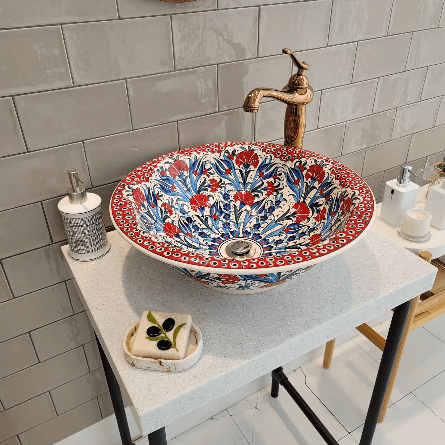 Hand Painted Bathroom Vanity Top Ceramic Vessel Sink - Red Carnation and Blue Tulip