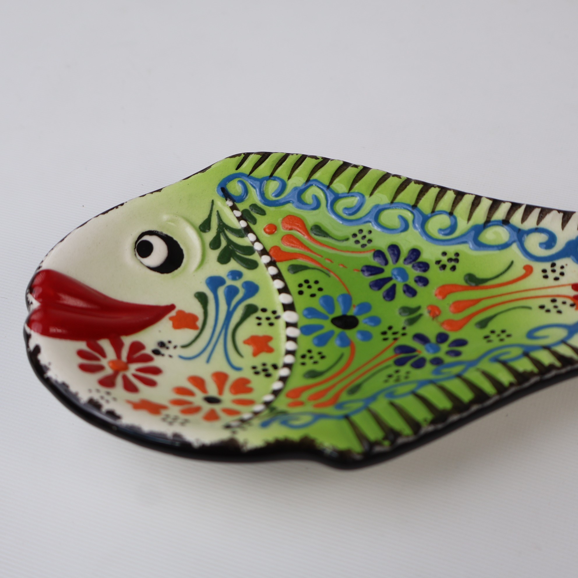 Handcrafted Fish Shaped Ceramic Spoon Rest - Raised Relief Floral Patterns (Variety of Colors) - Green