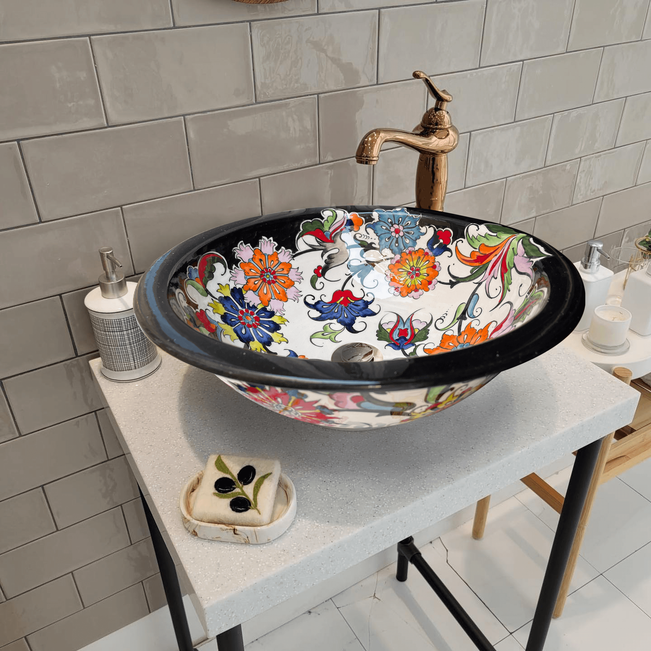 Hand Painted Bathroom Ceramic Vessel Sink Countertop - Multicolor Flowers with Black Rim