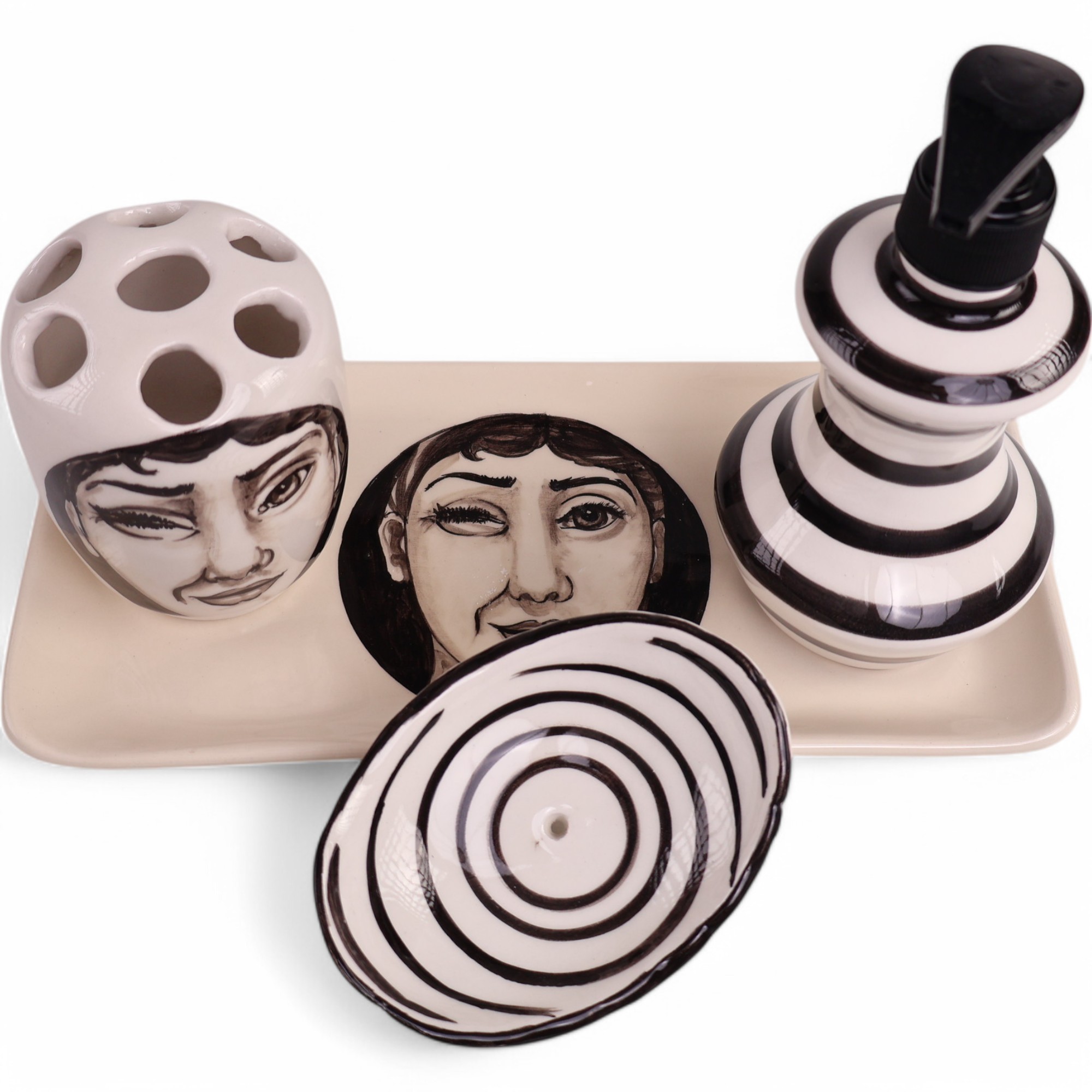 Handmade Ceramic Bathroom Set - Black & White Face Art Design | 4-Piece