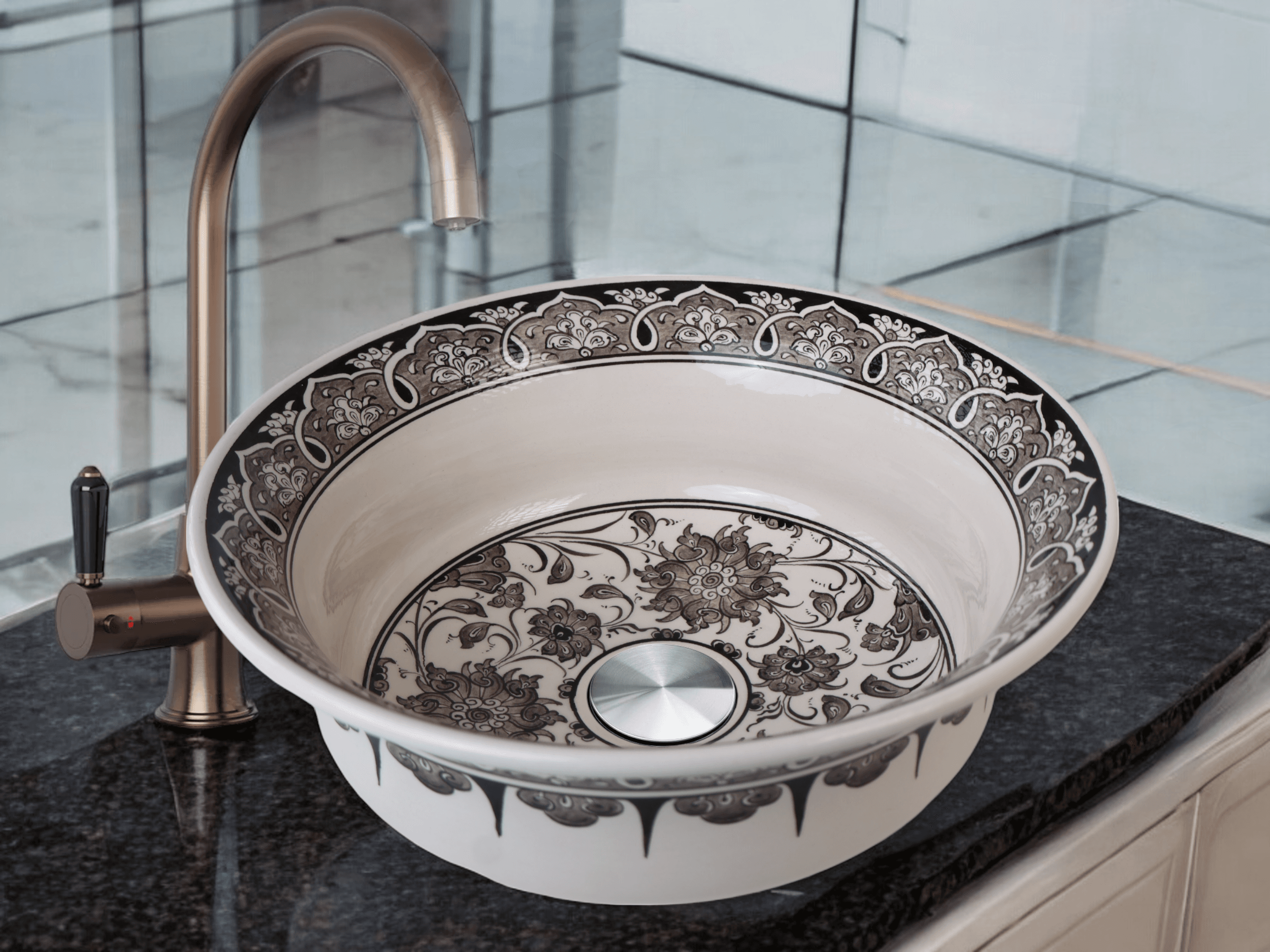 Gray Vessel Bathroom Sink Bowl - Floral & Geometric