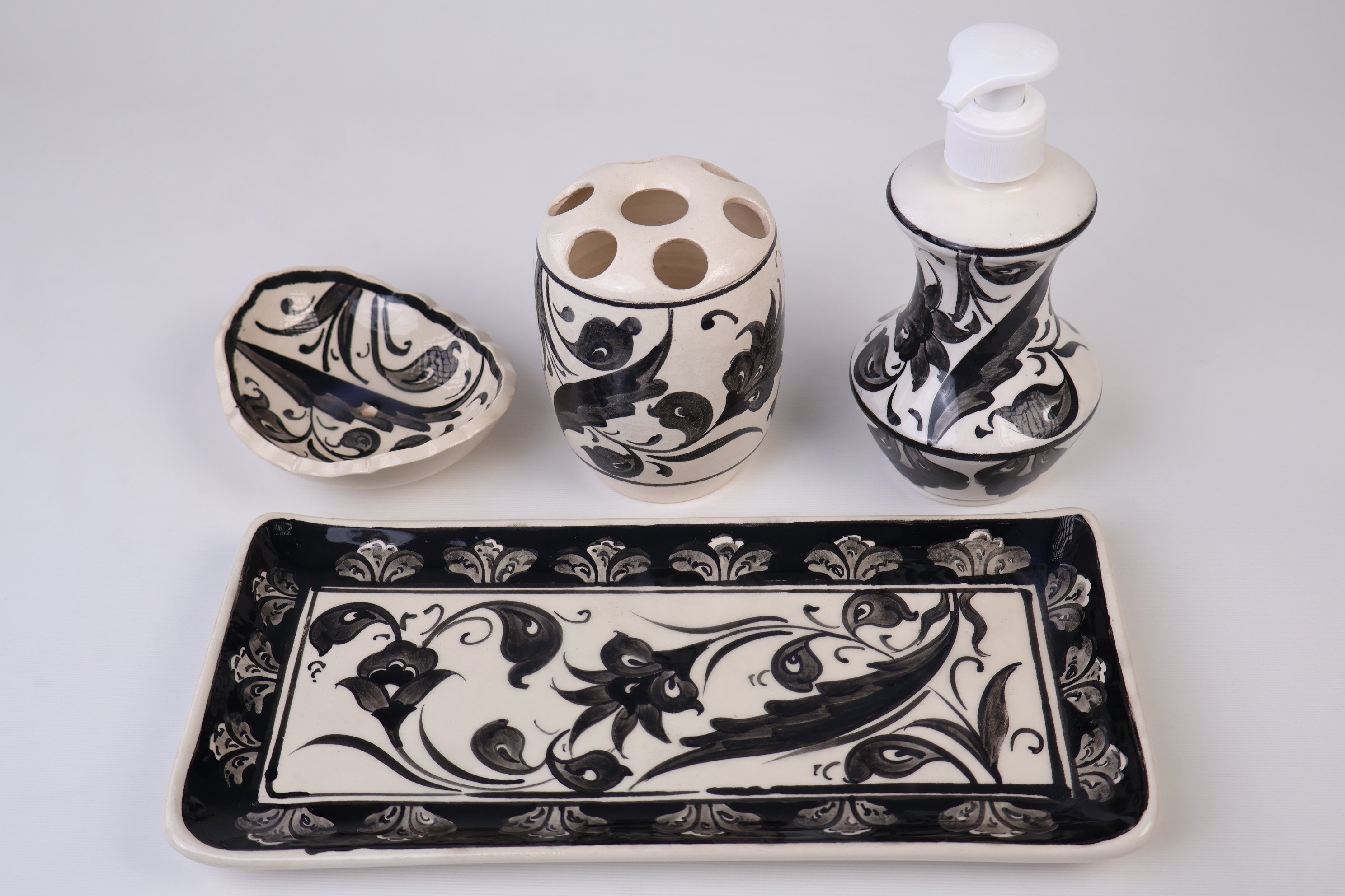 Artistic Ceramic Bathroom Accessories by Zeem Ceramic - Hand-Painted Black Leaves Perfection