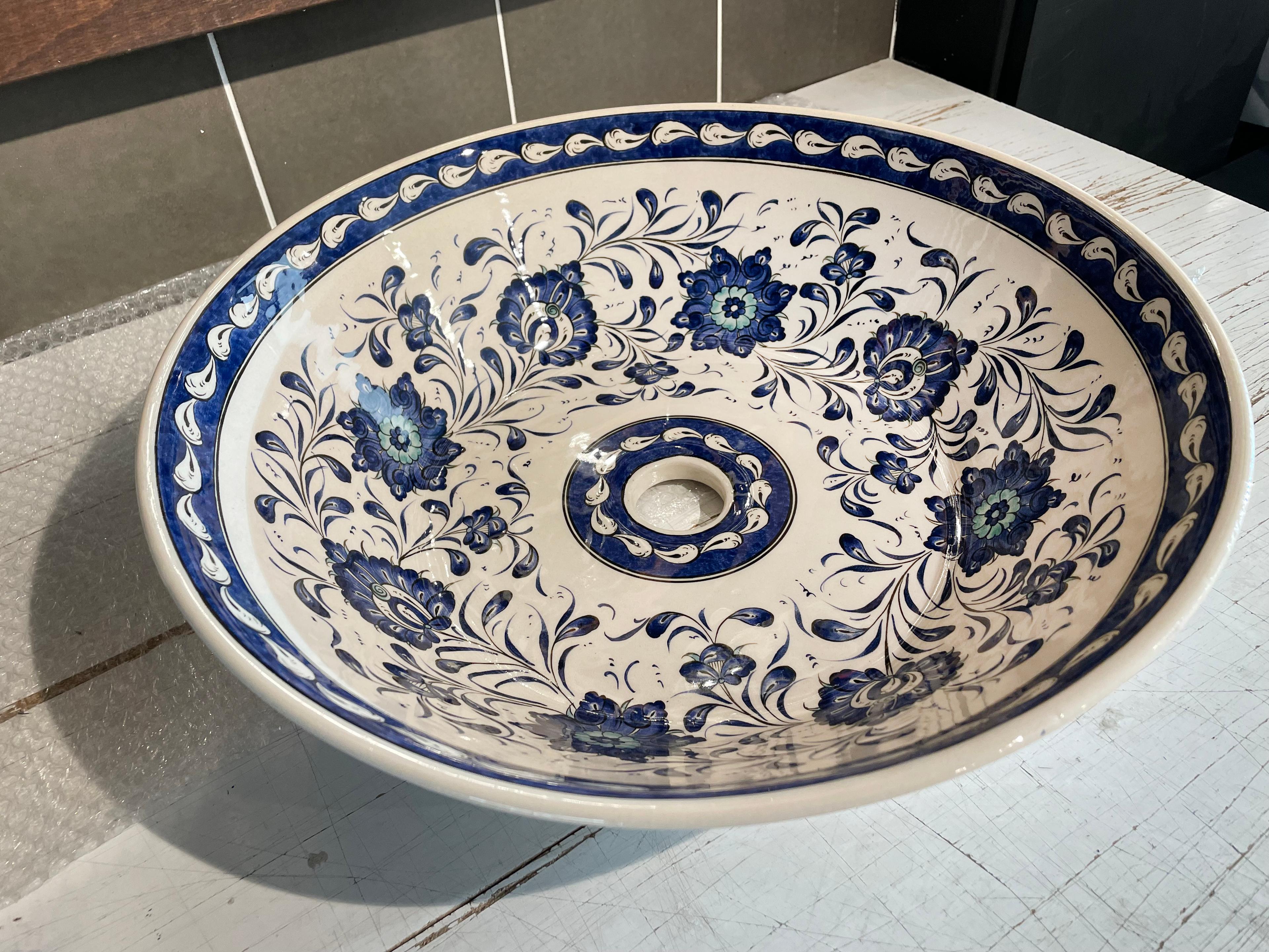 Hand Painted Bathroom Vanity Top Ceramic Vessel Sink - Blue Lotus