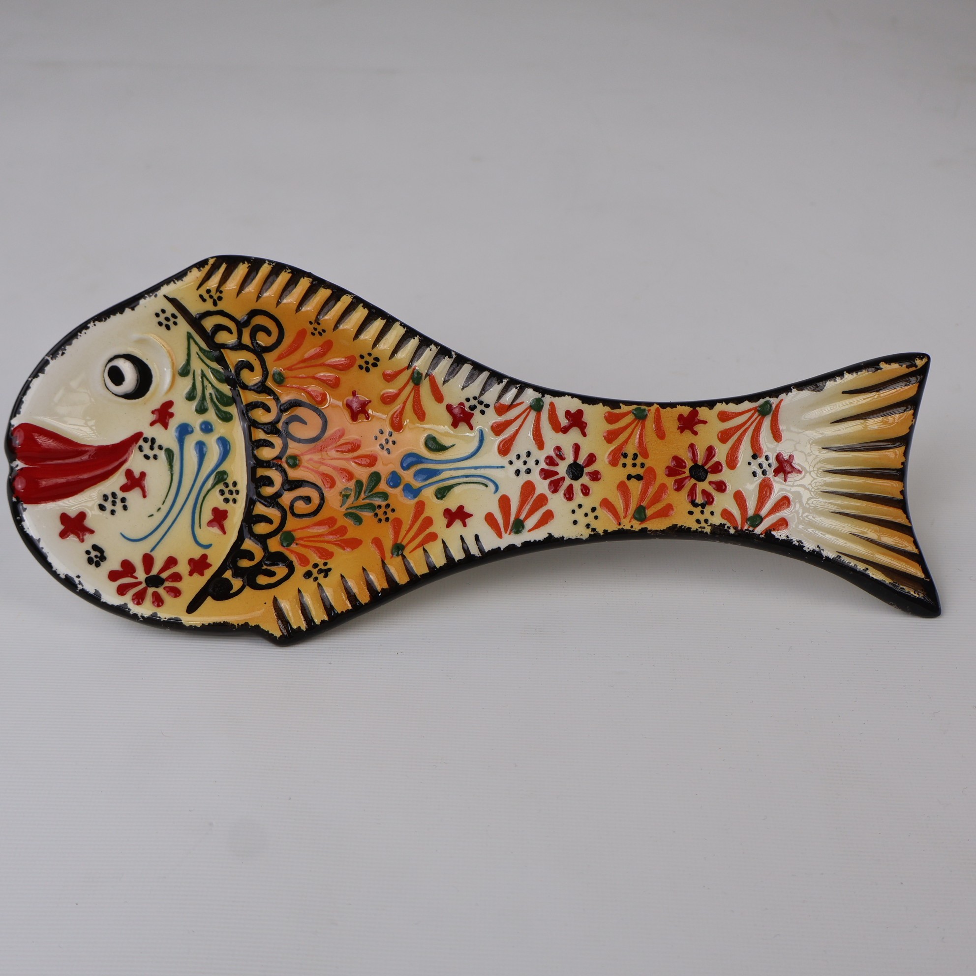 Handcrafted Fish Shaped Ceramic Spoon Rest - Raised Relief Floral Patterns (Variety of Colors) - Orange