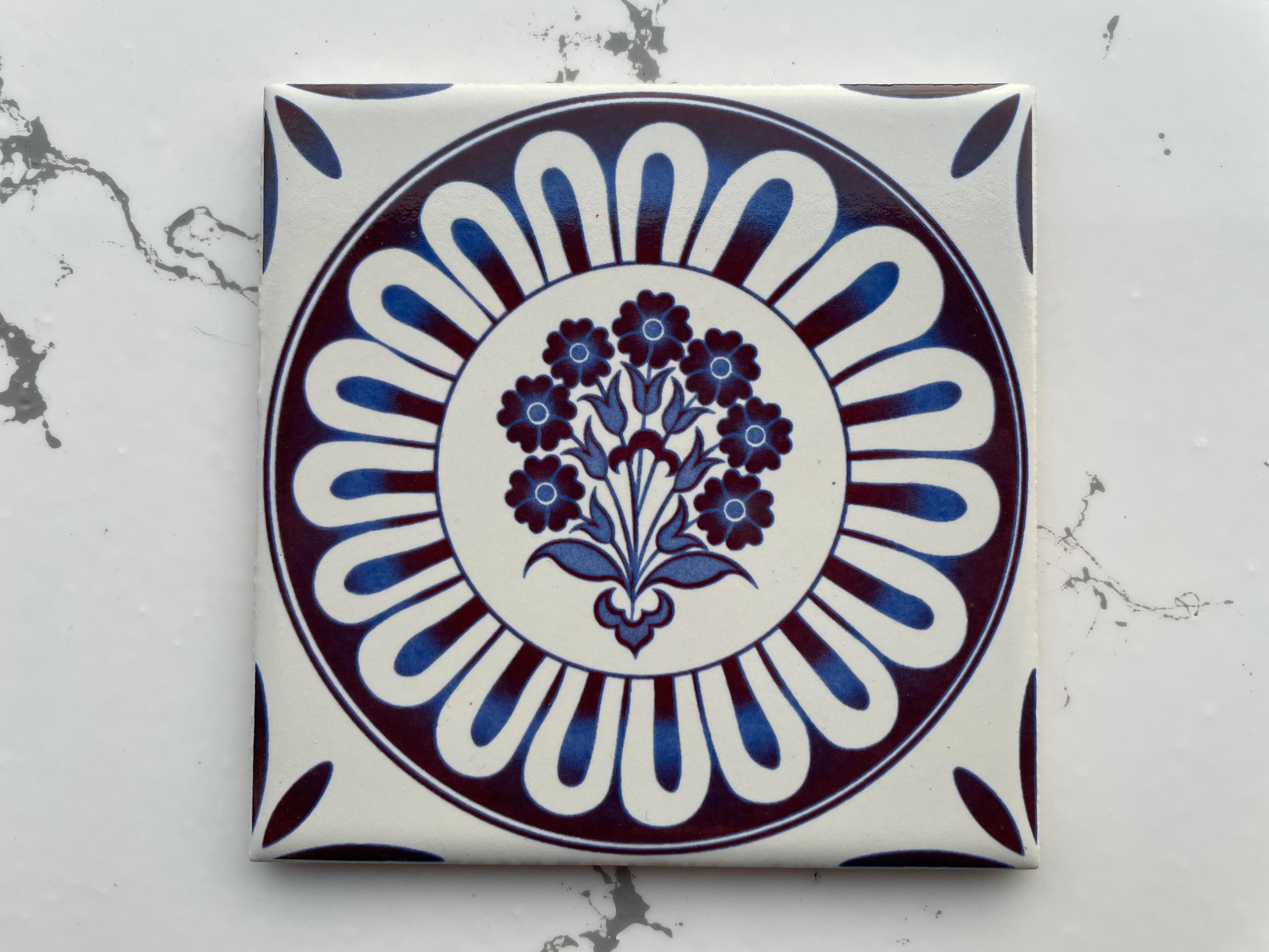 Turkish Backsplash Tile with Iznik Designs - Handcrafted Porcelain Tile for Bathroom Wall - 3.7in [10cm] 