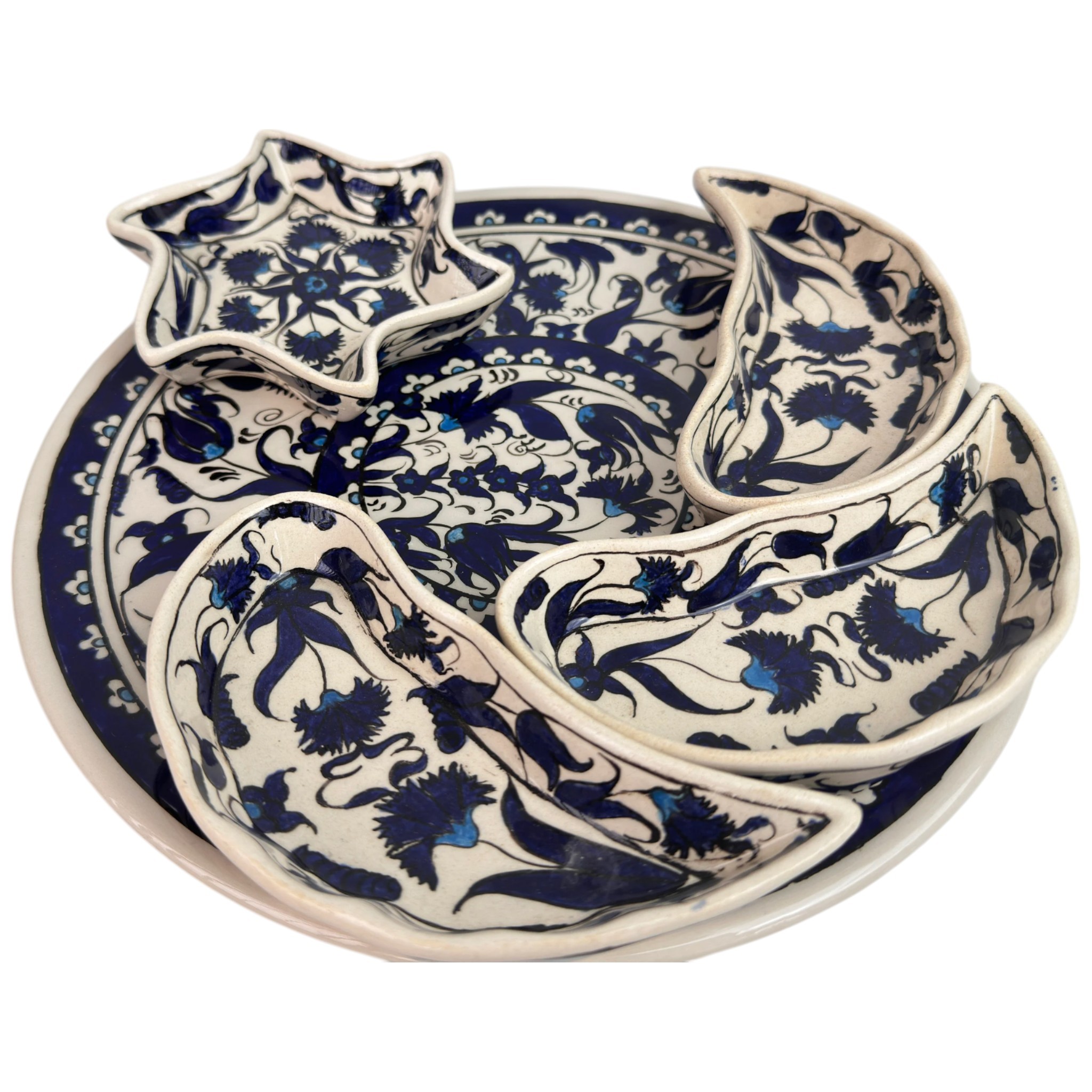 Handmade Multipurpose Ceramic Serving Platter and Dish Set - Chips, Snacks, Dips, Mezes, Breakfast & More | Zeem Ceramic - Navy Blue Carnation Circle