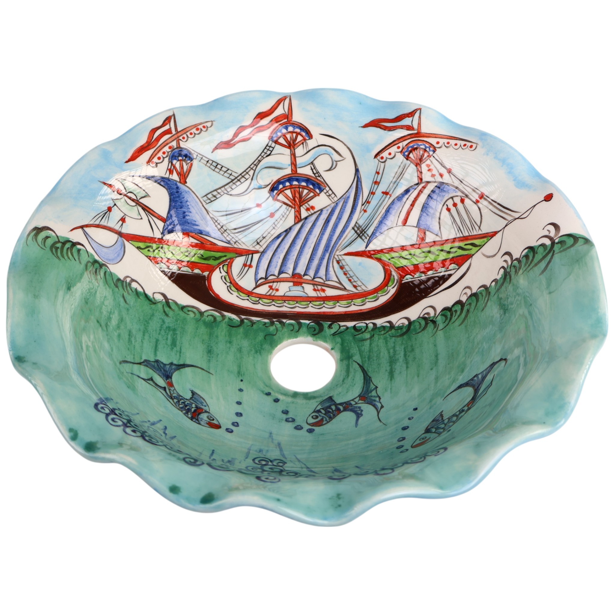 Hand-Painted Nautical Ceramic Sink - Turkish Ceramic Bowl Sink | Iznik-Inspired Bathroom Sink for Remodeling with Maritime Decor