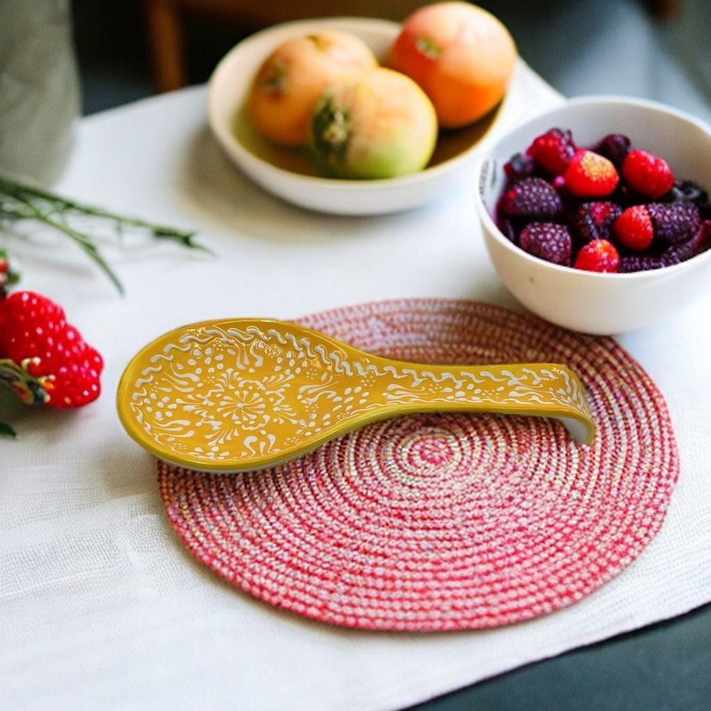 Hand Painted Ceramic Spoon Rest - Embossed Floral Patterns (Variety of Colors) - Mediterranean Yellow