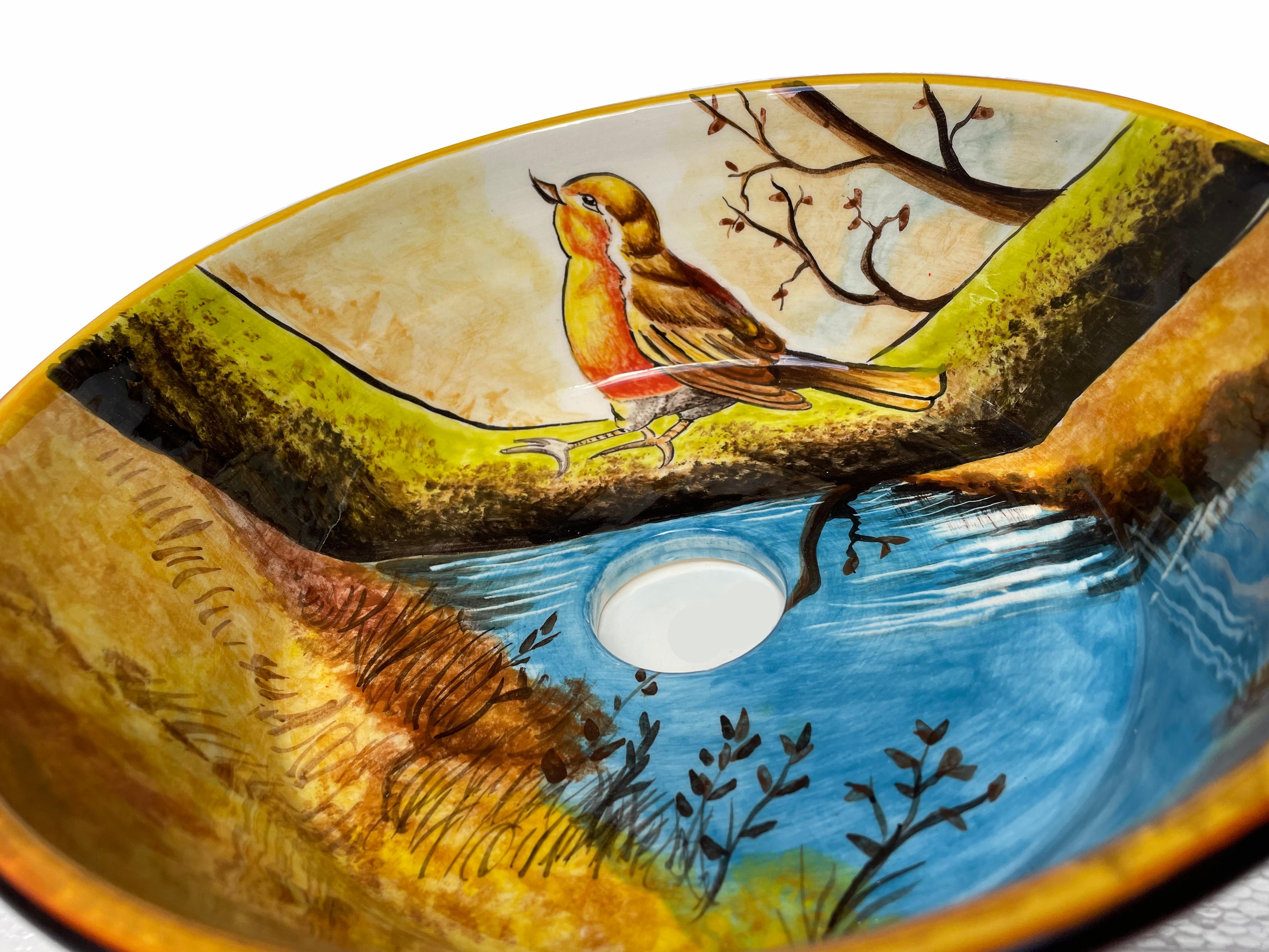 Hand Painted Bathroom Ceramic Vessel Sink Countertop - Bird on a Branch