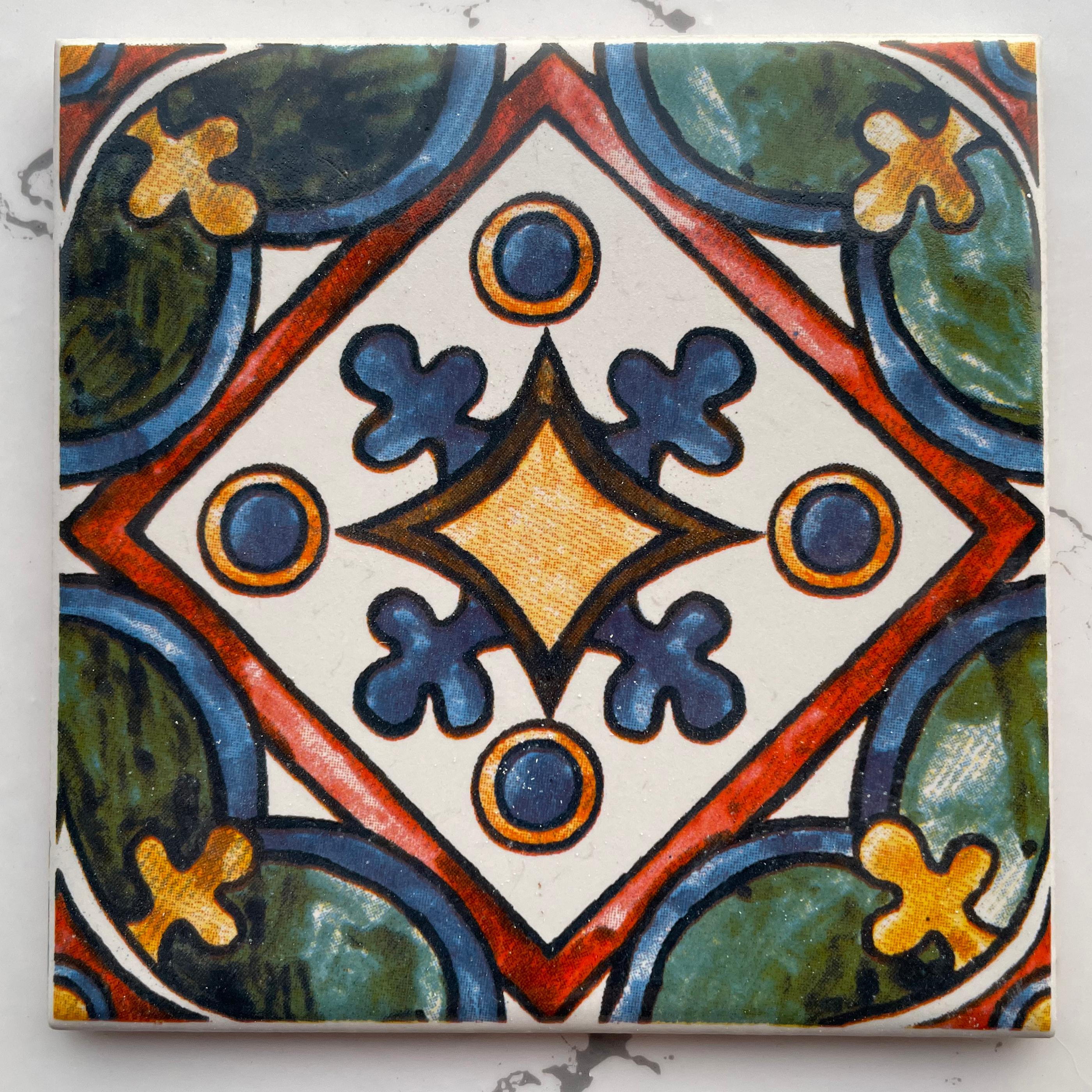 Hand-Printed Mexican Tile Designs - Handcrafted Backsplash Tile with Geometric and Floral Pattern -  3.7in[10cm]