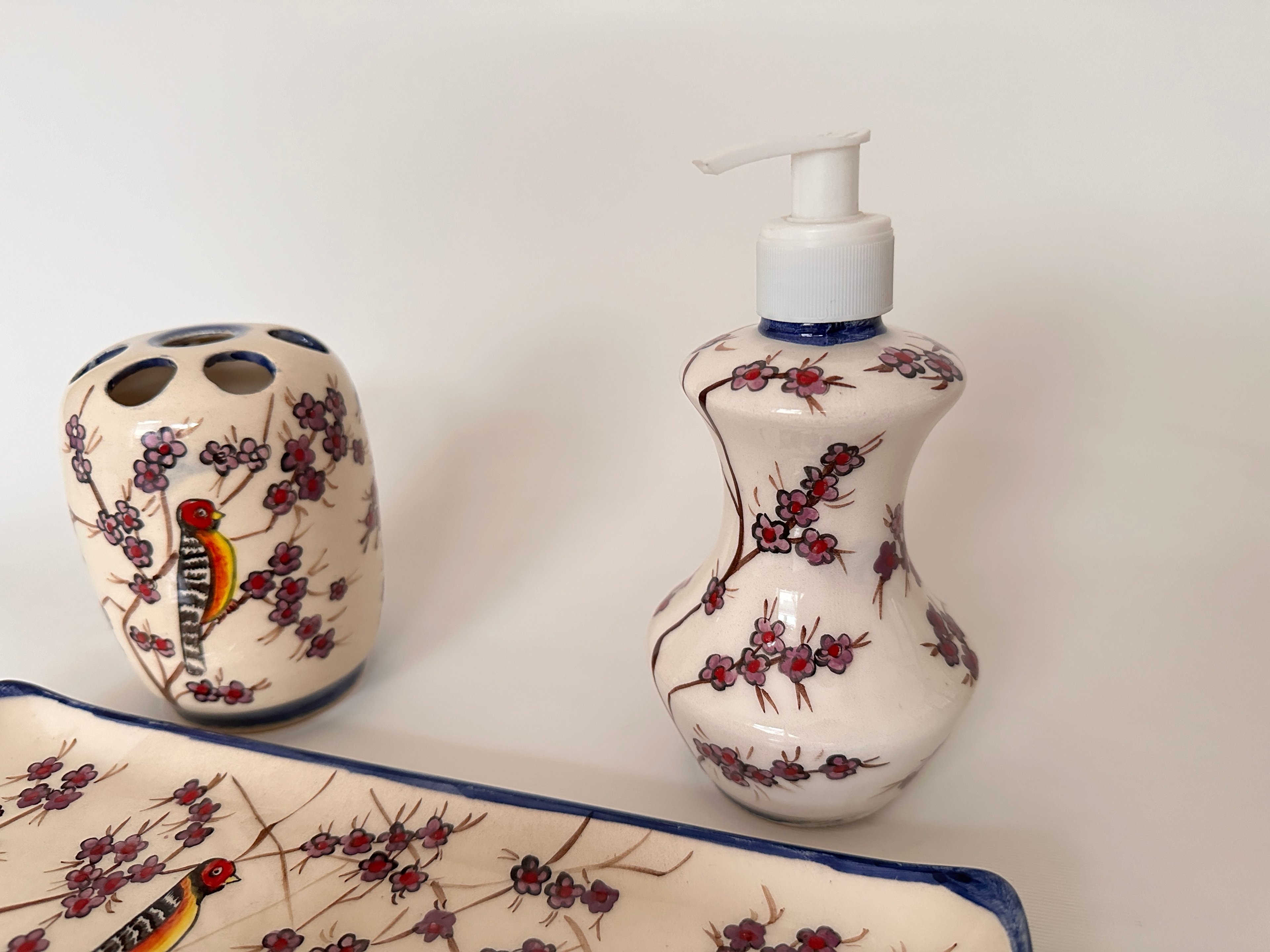 Hand Painted Ceramic Bathroom Accessory Set - Birds in the Cherry Blossom Tree