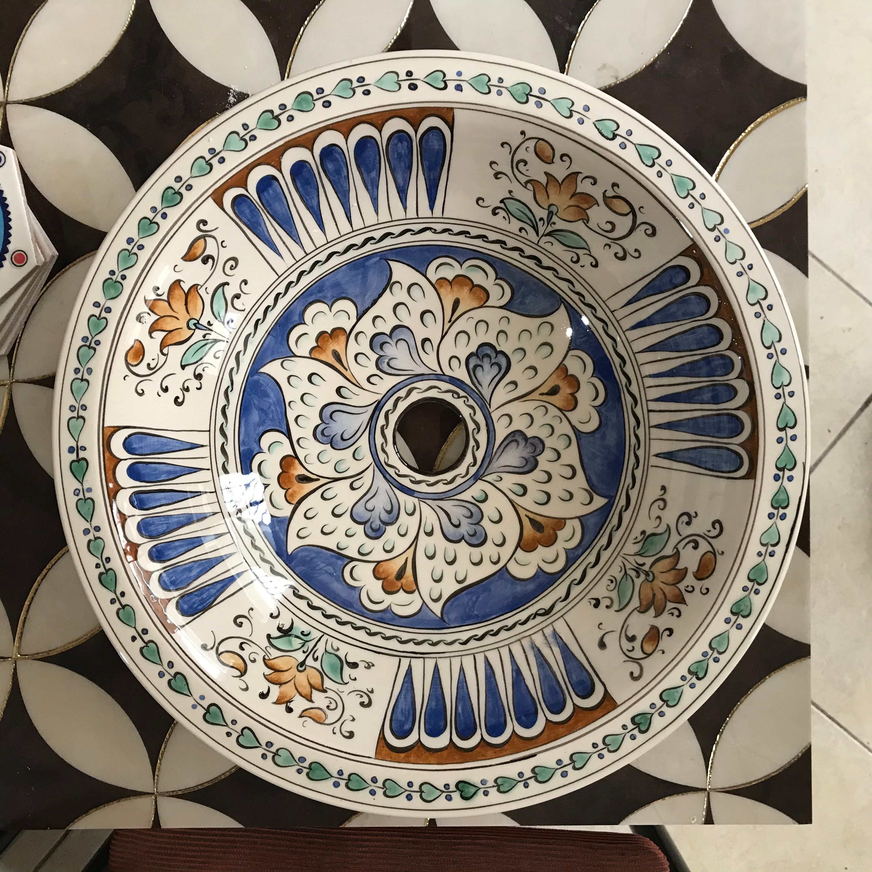 Turkish Hand Painted Bathroom Vessel Sink | Geometrical Seljuk Pattern - Hazel