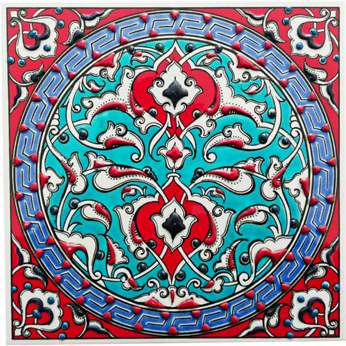 Hand Painted Turkish Ceramic Tile -  Handmade Decorative Geometrical Patterned Tile - 8 in [20Cm] - Zeem Ceramic