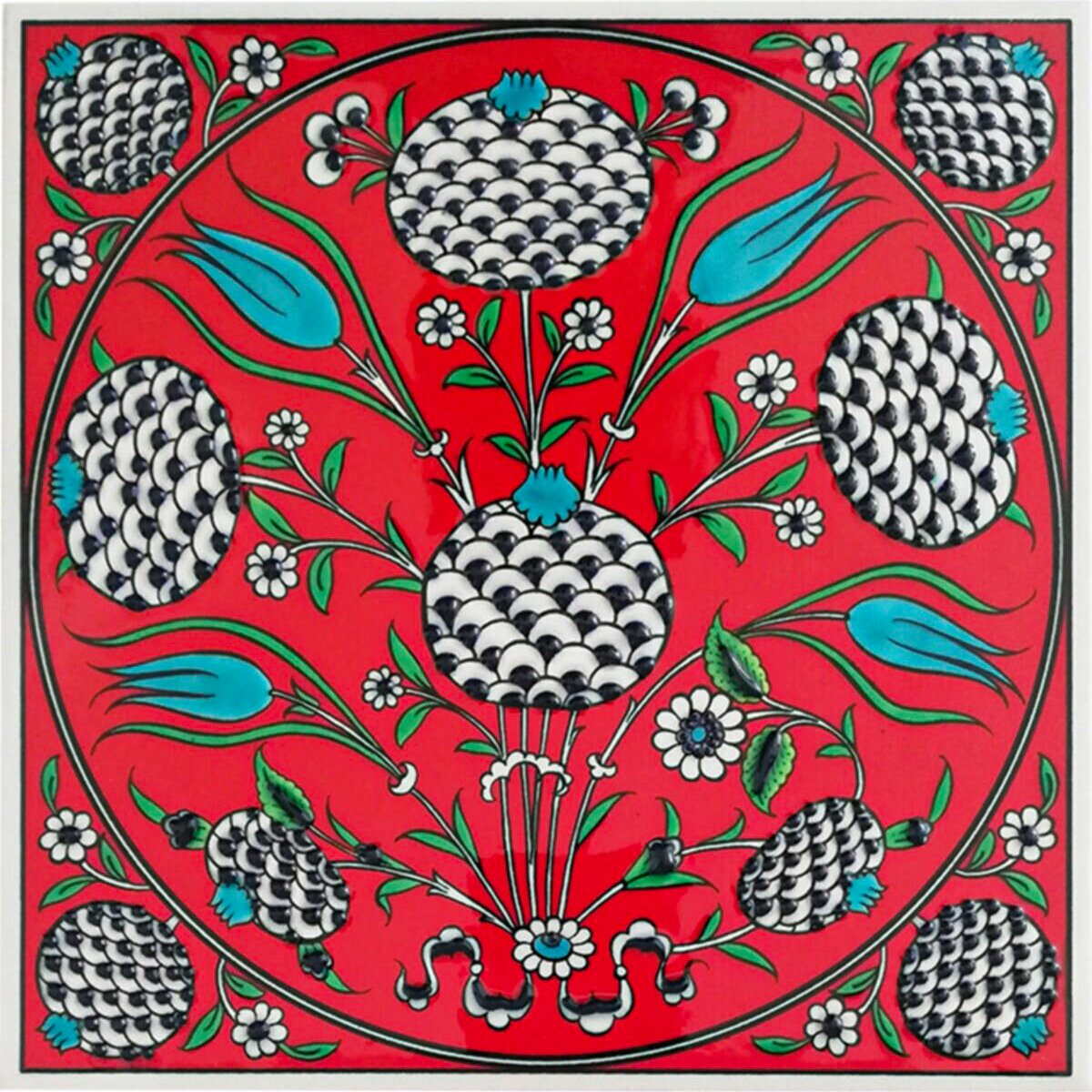 Hand Painted Turkish Ceramic Tile -  Handmade Decorative Floral Patterned Tile - 8 in [20Cm] - Zeem Ceramic