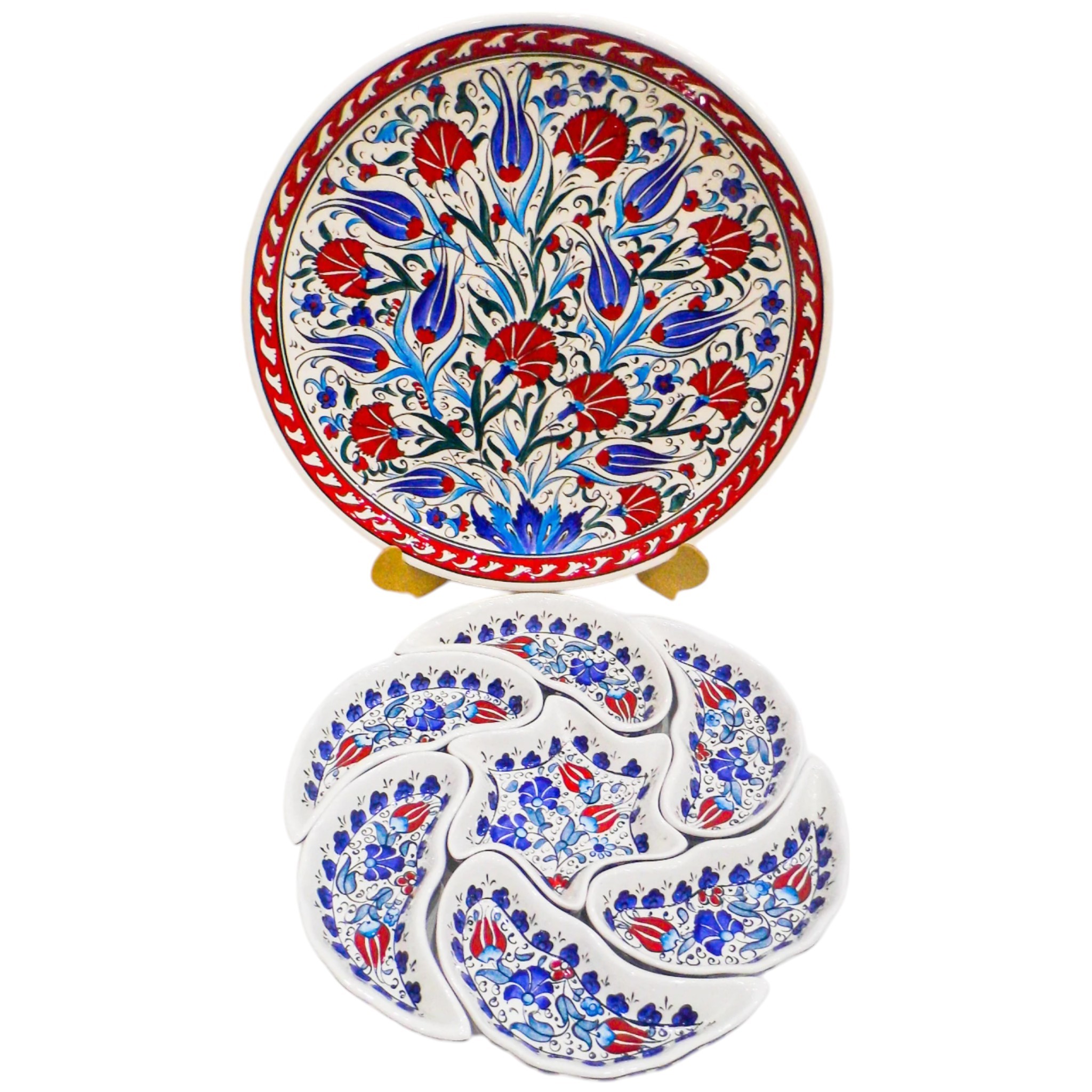 Handmade Multipurpose Ceramic Serving Platter and Dish Set - Chips, Snacks, Dips, Mezes, Breakfast & More | Zeem Ceramic - Blue Carnation and Red Tulip