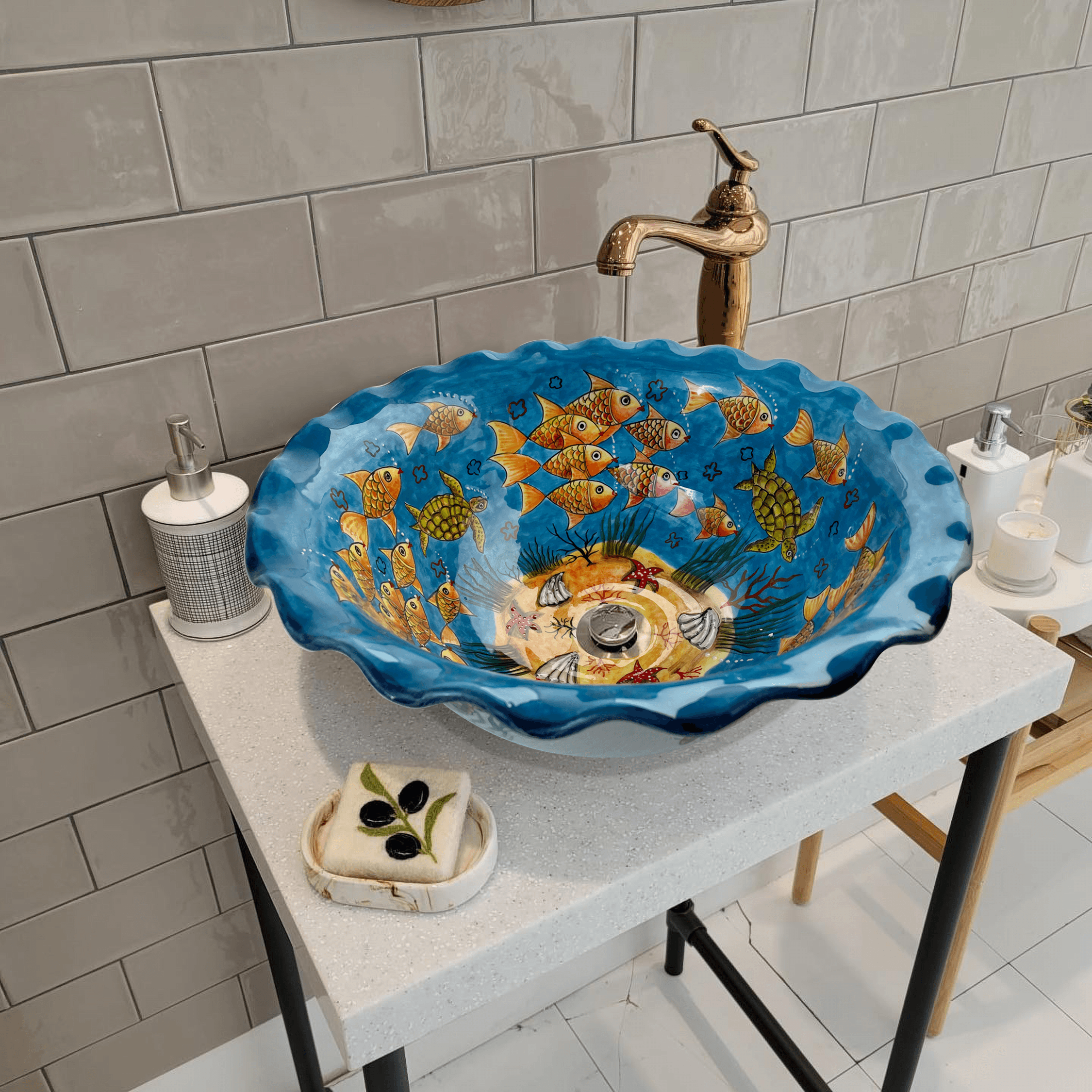 Hand Painted Bathroom Ceramic Vessel Sink Countertop - Sea Creatures