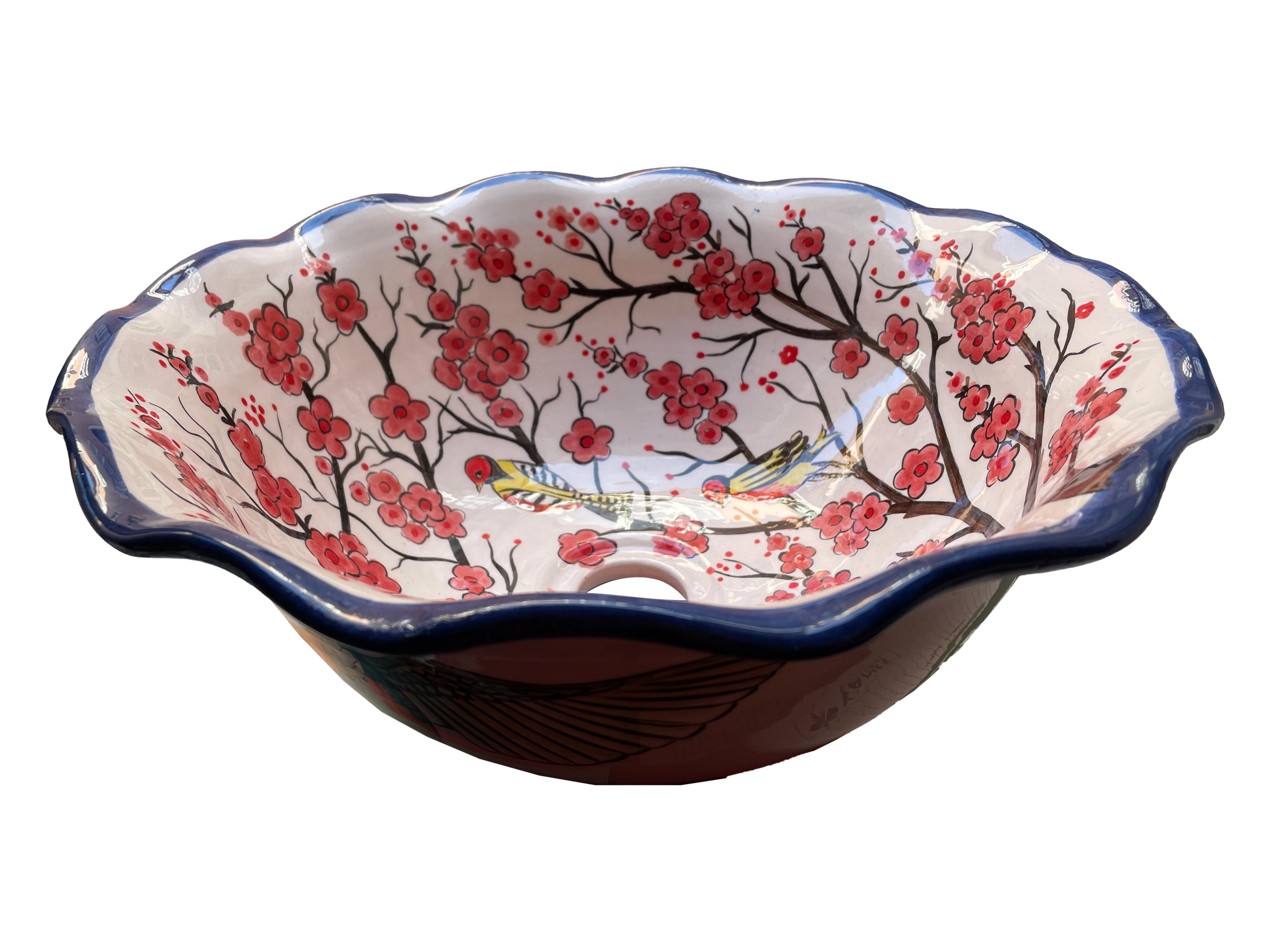 Hand Painted Bathroom Ceramic Vessel Sink Countertop - Birds and Sakura