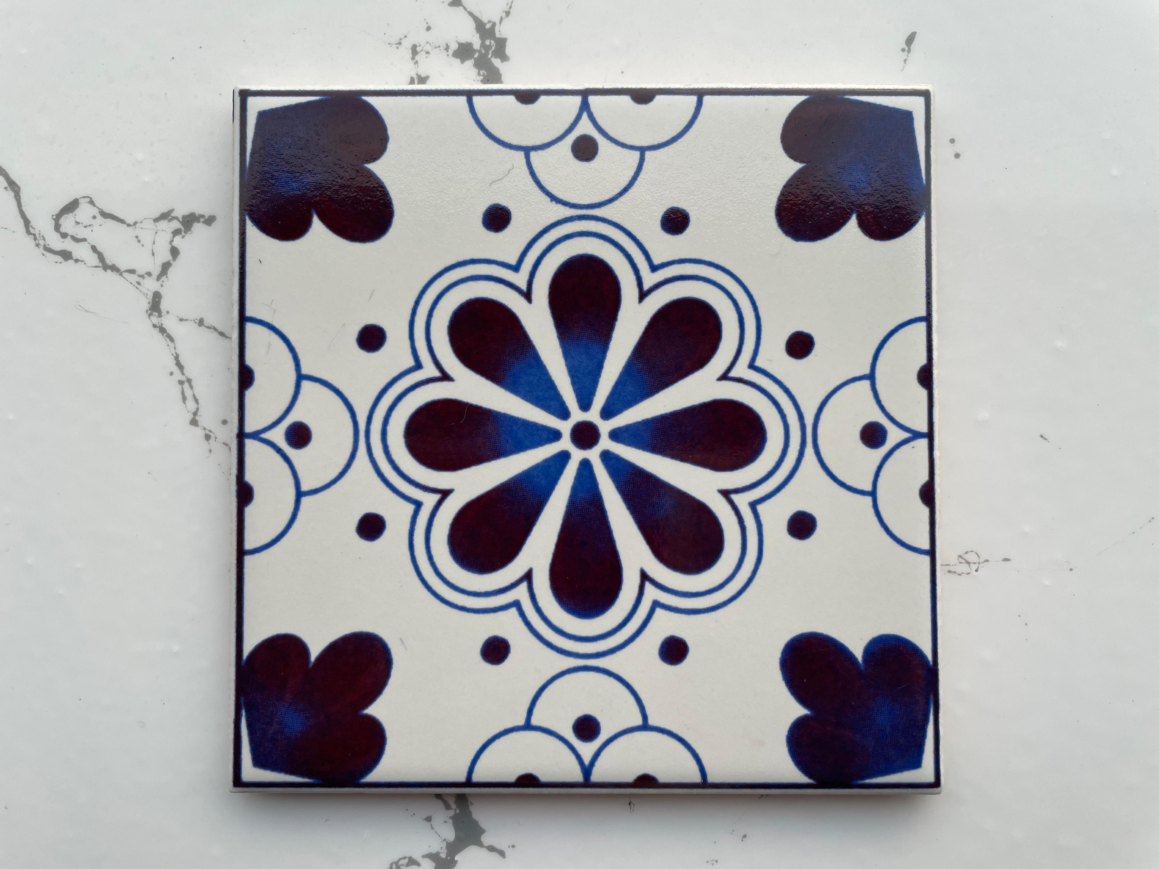 Turkish Backsplash Tile with Iznik Designs - Handcrafted Porcelain Tile for Bathroom Wall - 3.7in [10cm] 