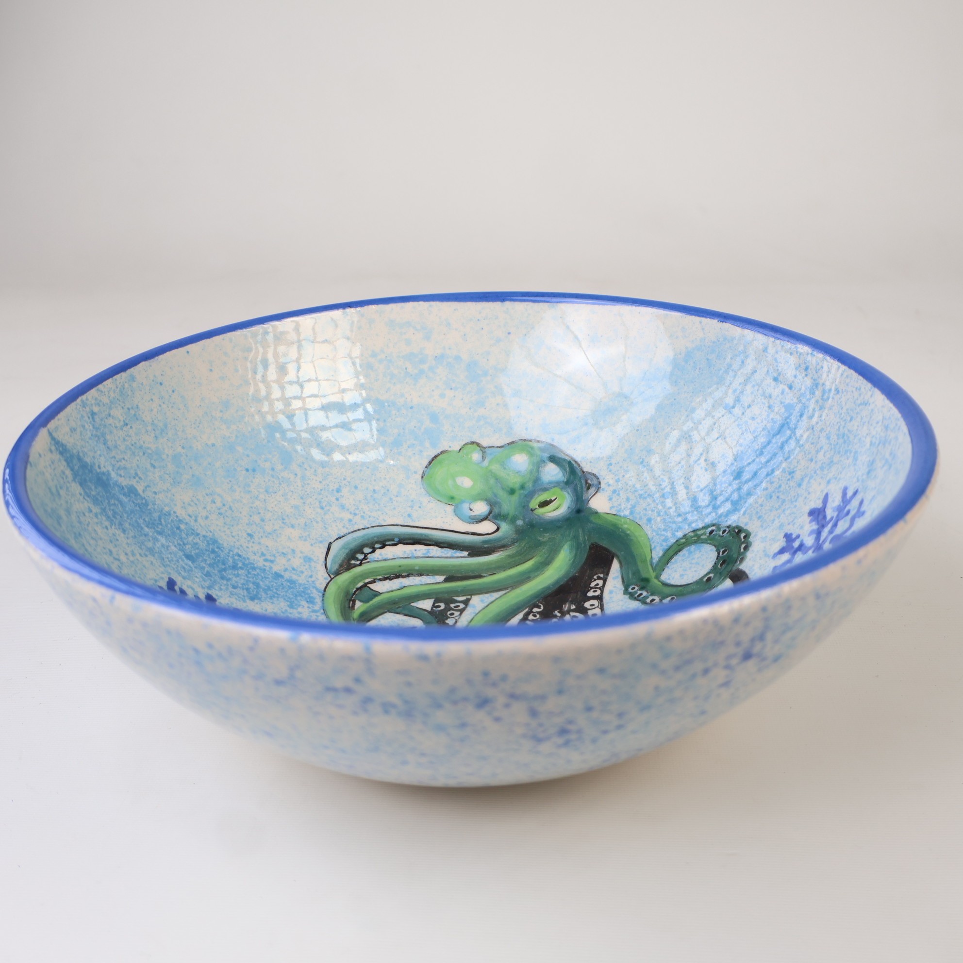 Artisan Hand-Painted Pottery Octopus Bowls | Ocean Pattern Ceramic Bowls for Meals, Snacks, Salads & Fruit