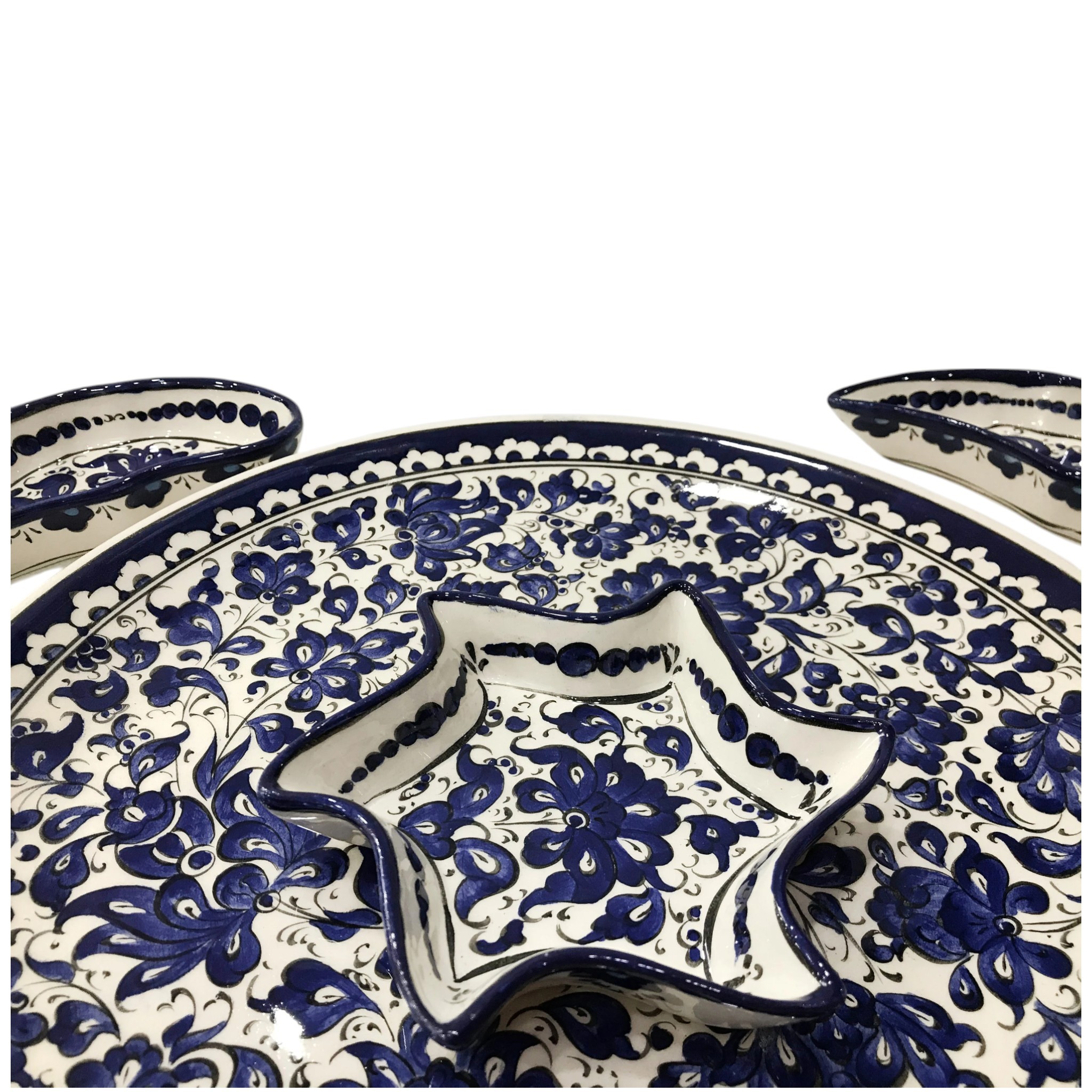 Handmade Multipurpose Ceramic Serving Platter and Dish Set - Chips, Snacks, Dips, Mezes, Breakfast & More | Zeem Ceramic - Navy Blue Lotus