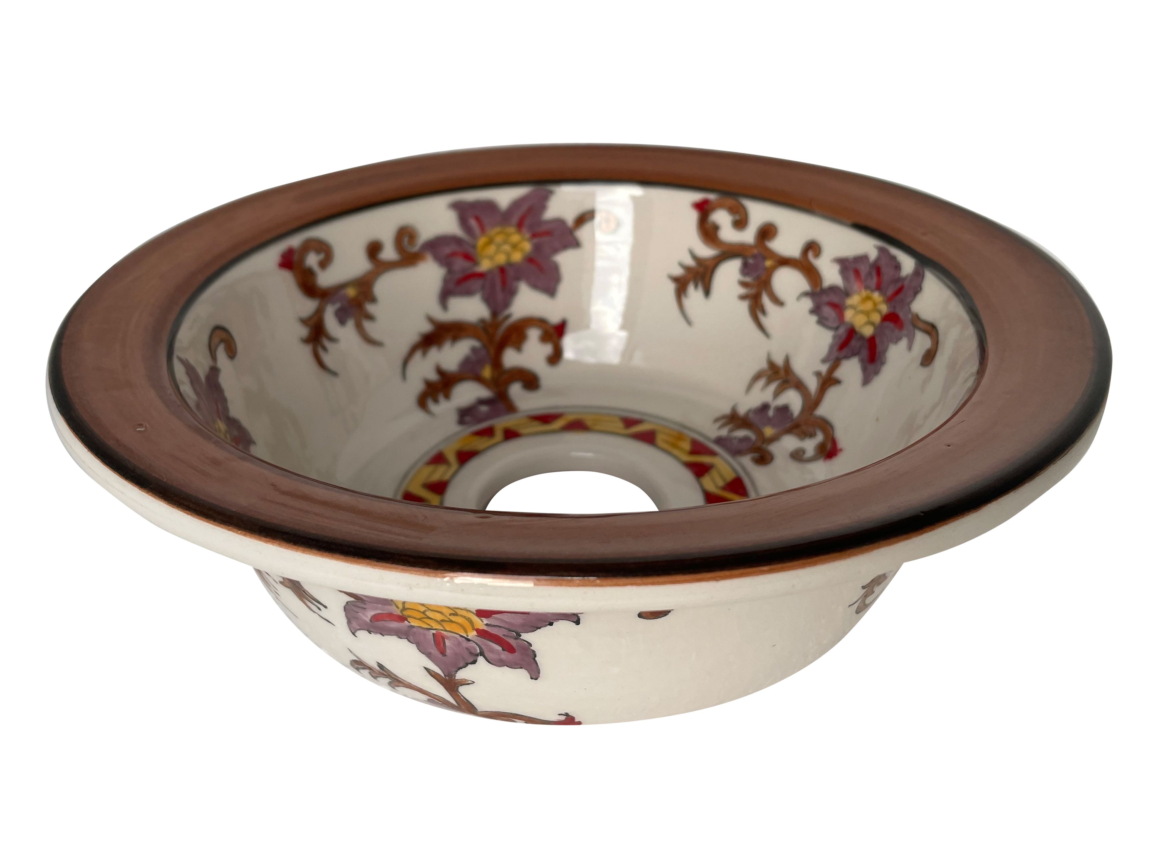 Hand Painted Bathroom Ceramic Vessel Sink Countertop - Brown and Lilac Flowers