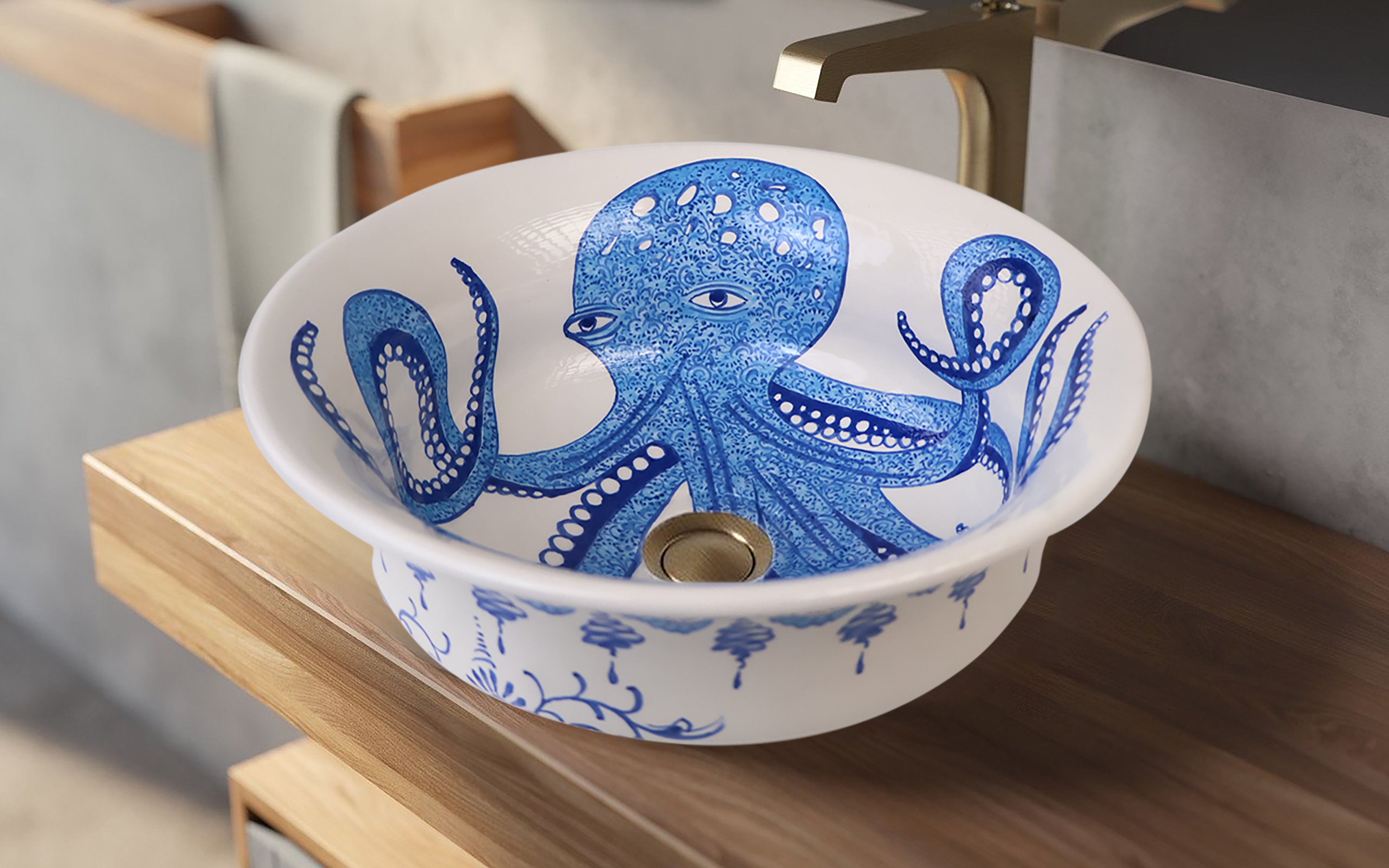 Mediterranean Blue Octopus Ceramic Sink - Handmade and Unique