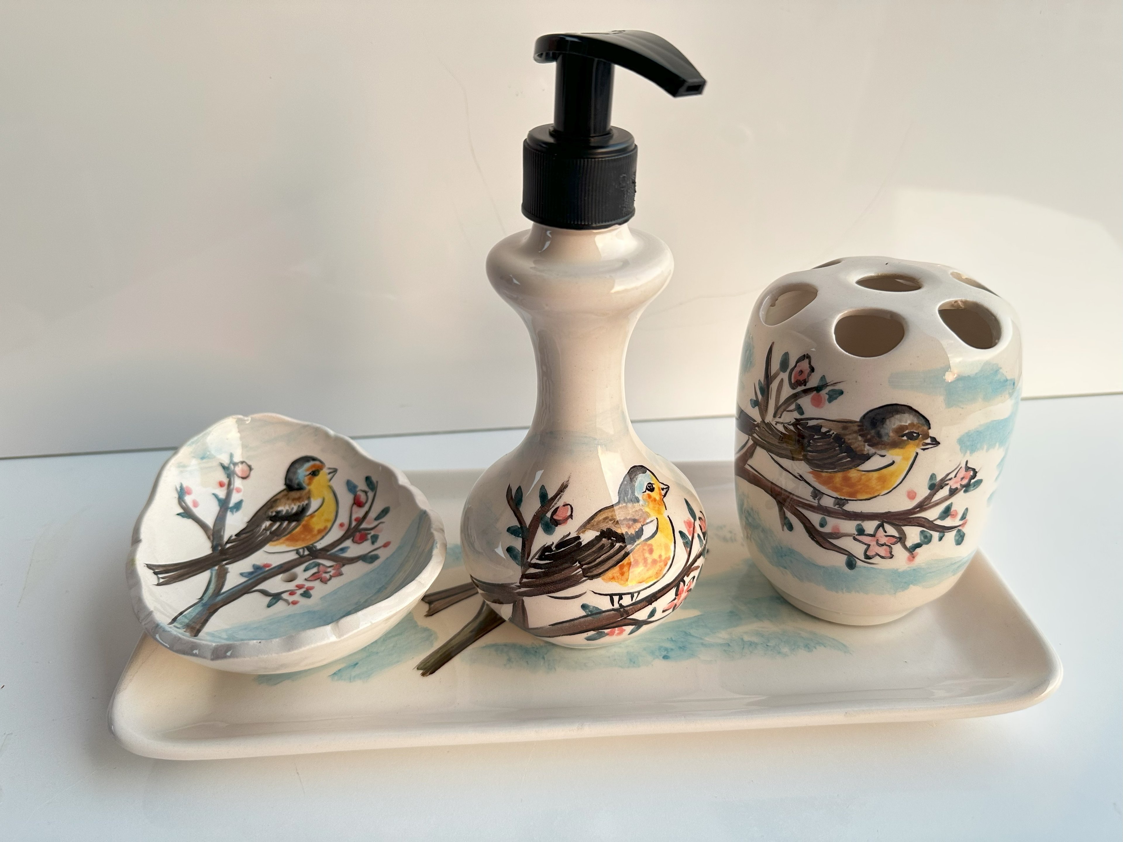 Hand Painted Ceramic Bathroom Accessory Set - Birds in the Sakura