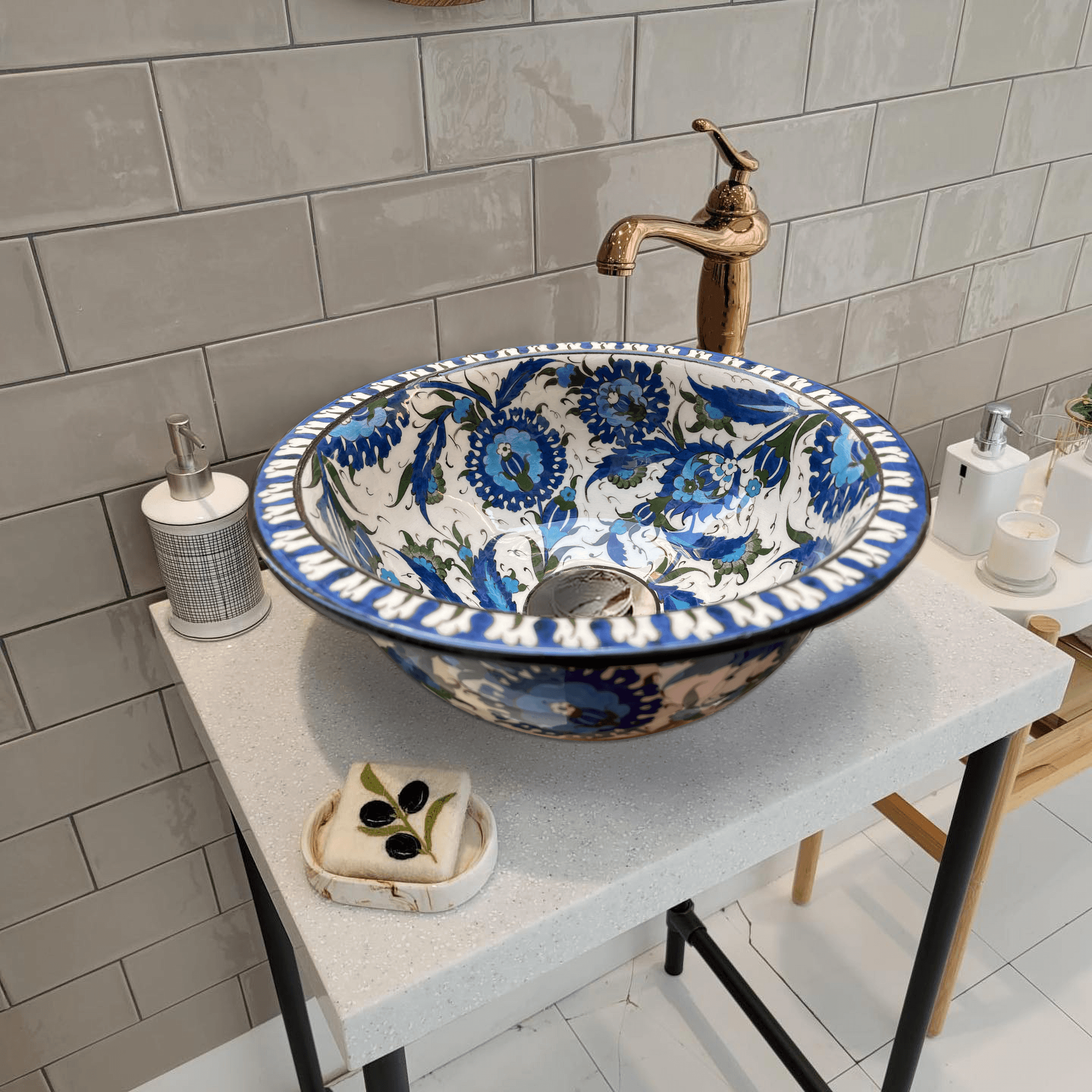 Hand Painted Bathroom Ceramic Vessel Sink Countertop - Blue Hatai