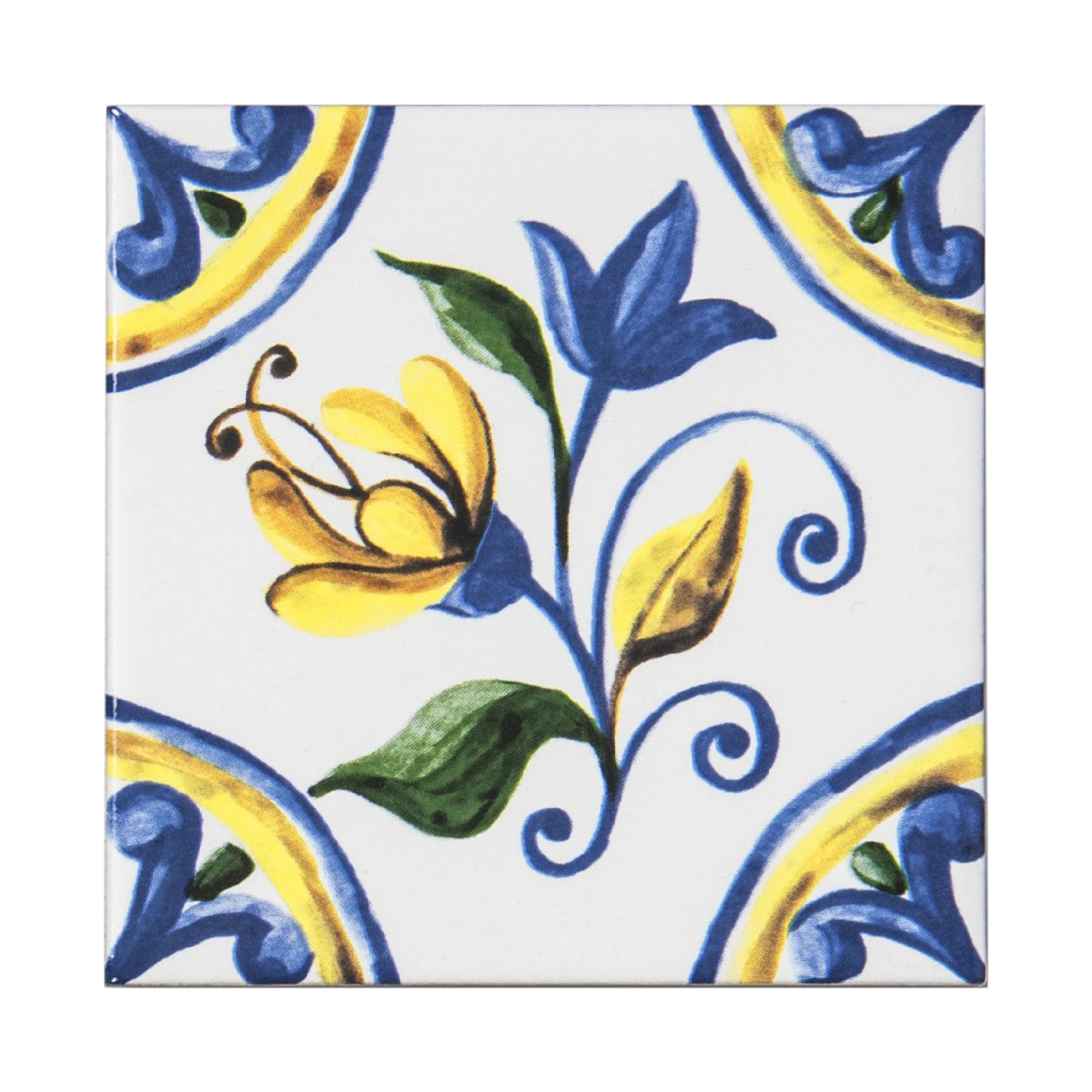 6 Unique Porcelain Spanish Tiles Backsplash - Handcrafted 3.7" Tile with Floral Pattern - D
