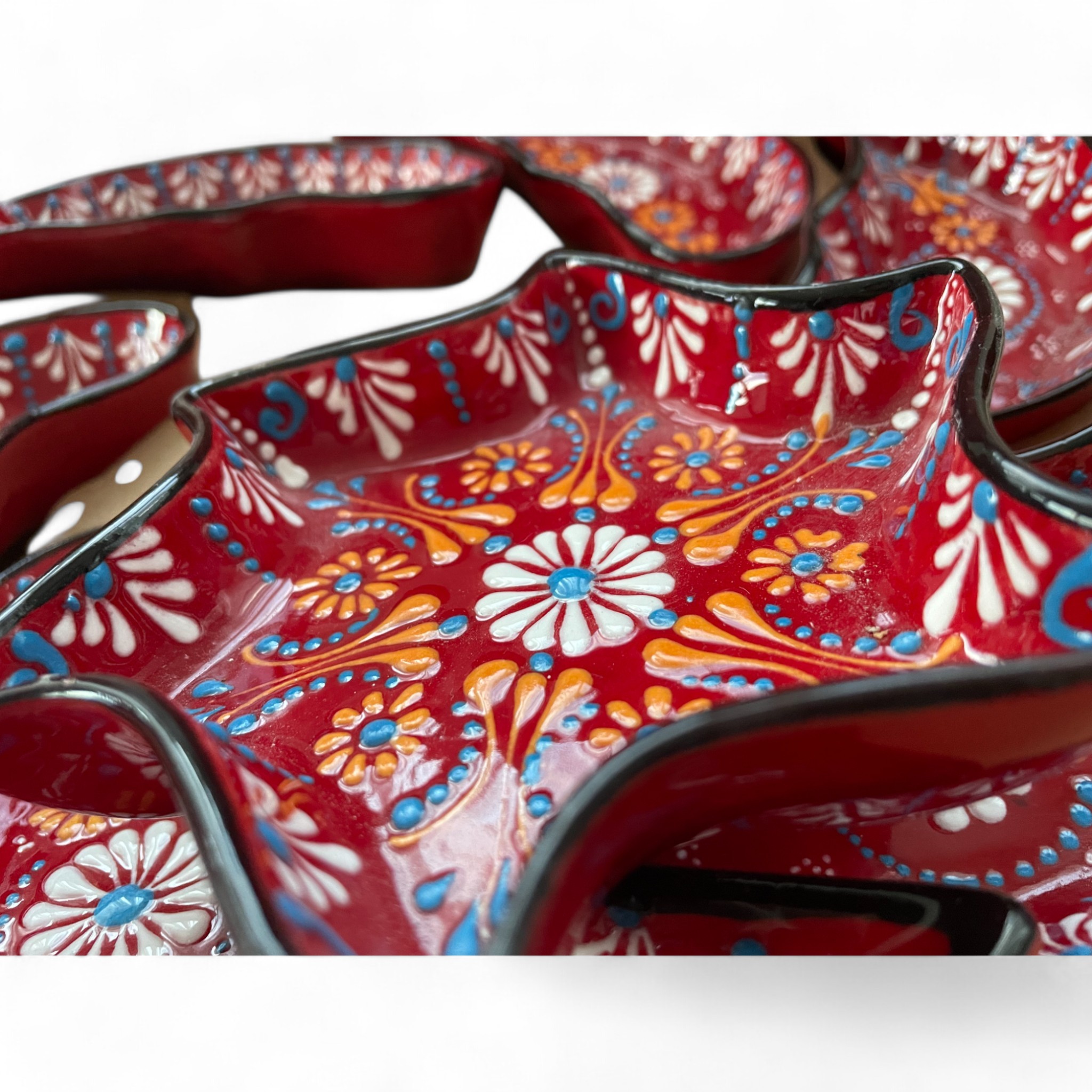 Handcrafted Snack, Nuts Serving Platter and Crudite Dish Set - Raised Relief Pattern - Red