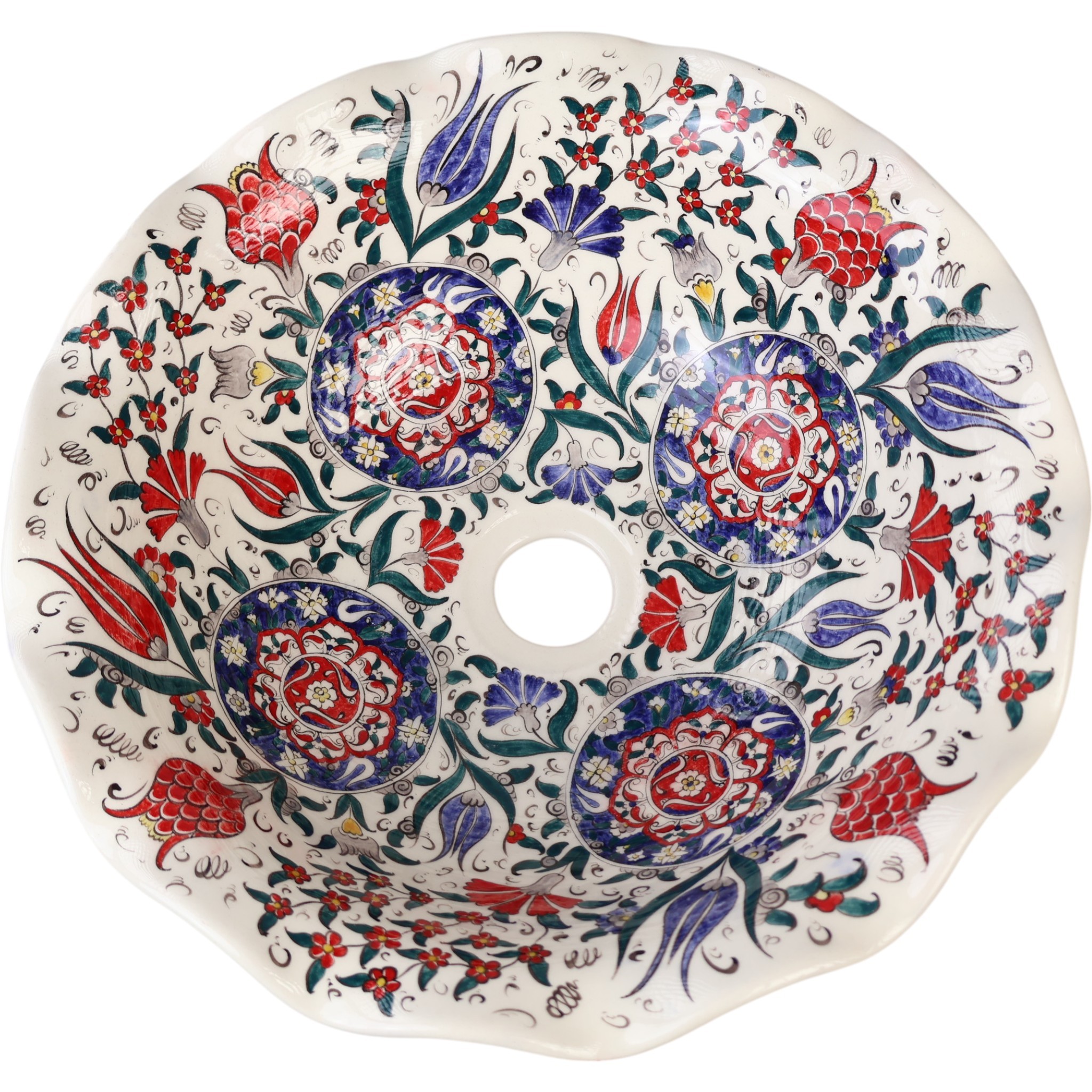 Turkish Ceramic Sink Bowl | Iznik-Inspired Vibrant Floral Ceramic Washbasin for Bathroom Remodeling