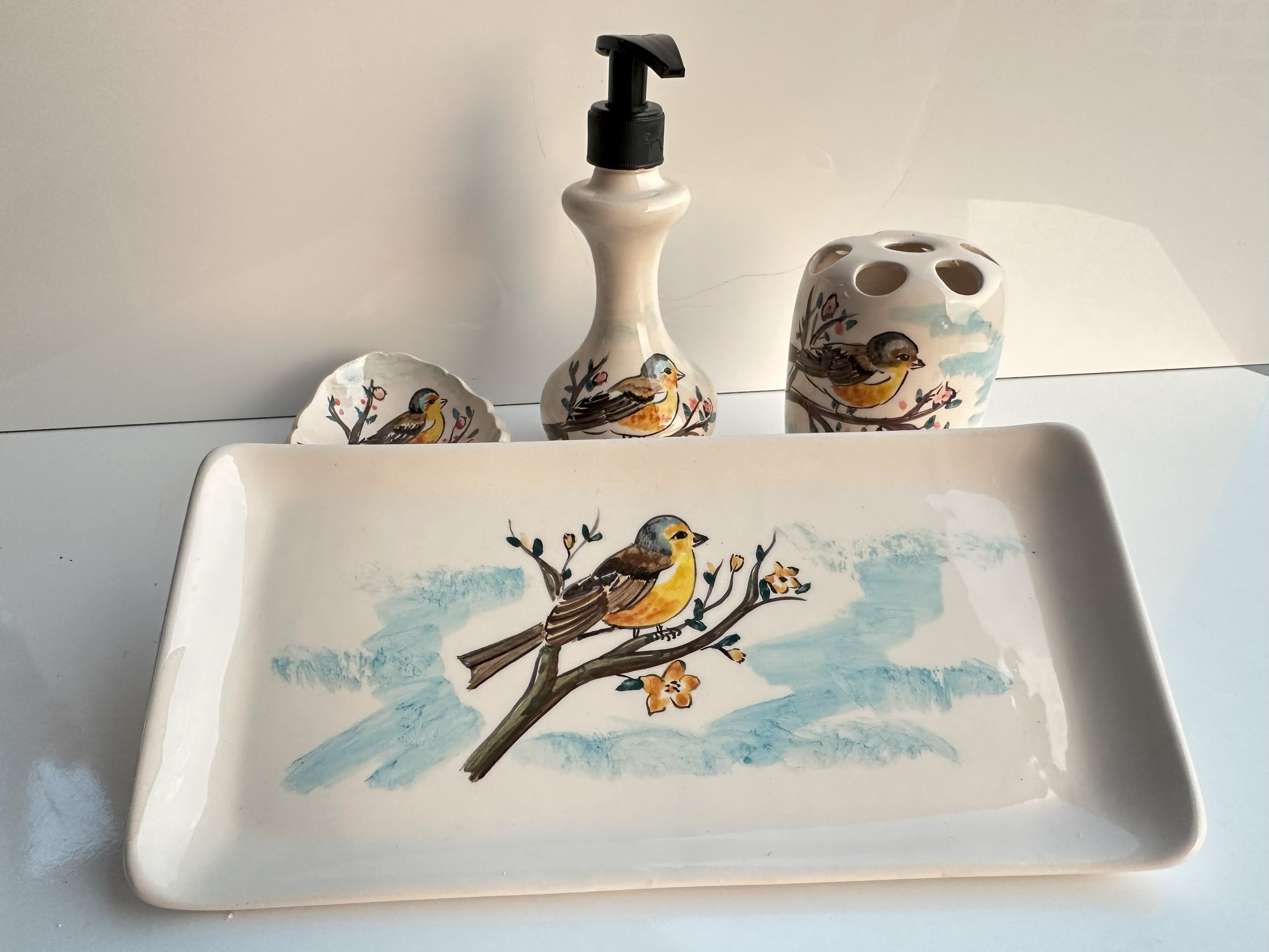 Hand Painted Ceramic Bathroom Accessory Set - Birds in the Sakura