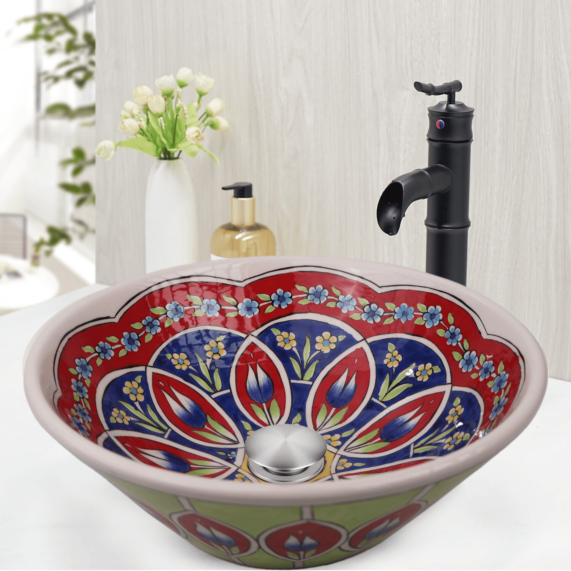 Luxury Floral Ceramic Sink - Handmade Bathroom Vessel