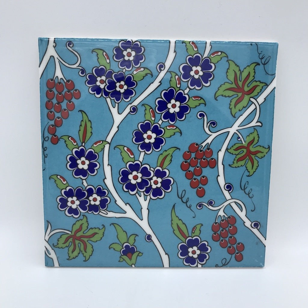 Screenprinting Turkish Ceramic Tile - Handcrafted Kitchen Backsplash Tile with Grape Pattern - 8 in [20Cm]