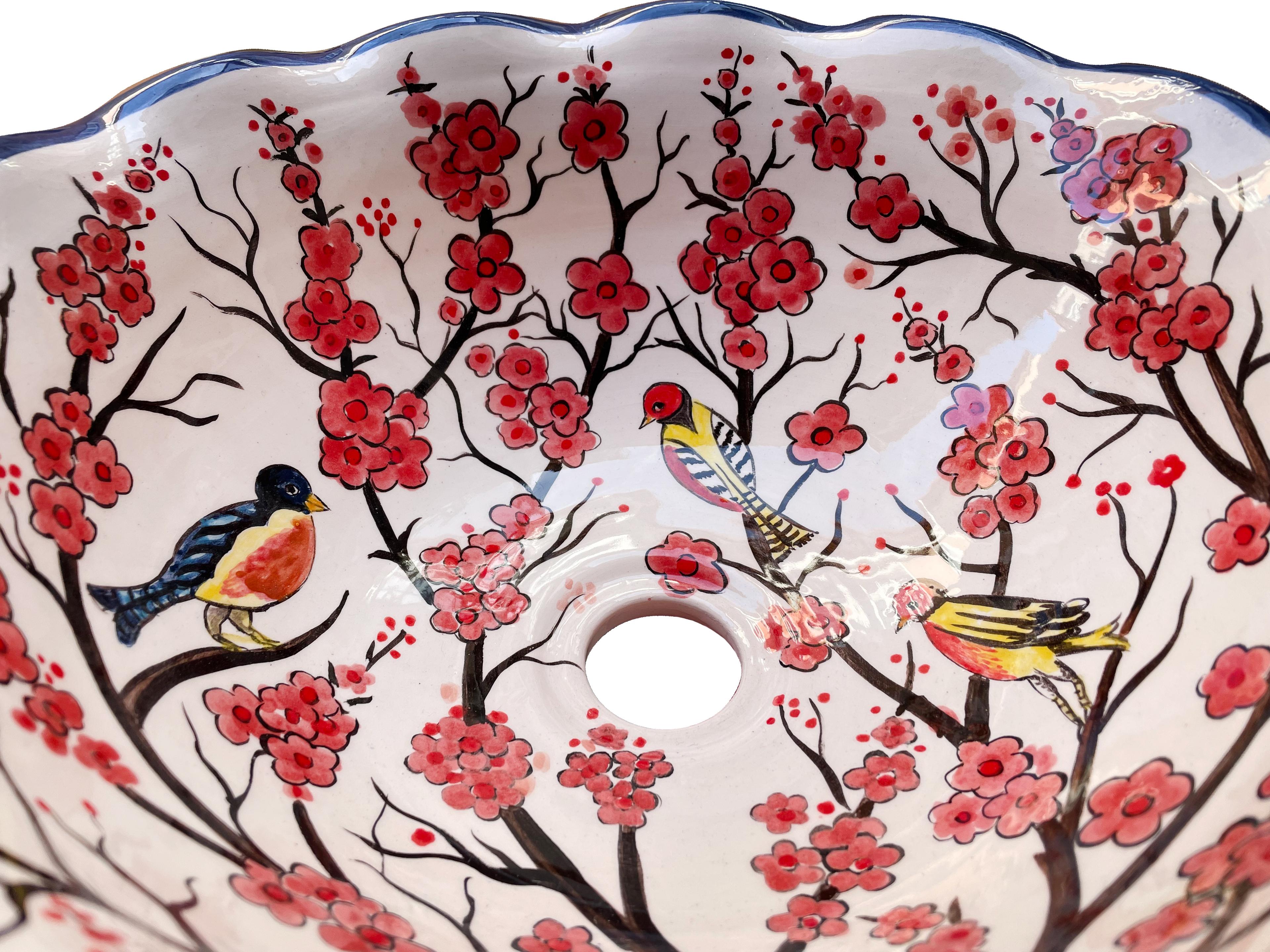 Hand Painted Bathroom Ceramic Vessel Sink Countertop - Birds and Sakura