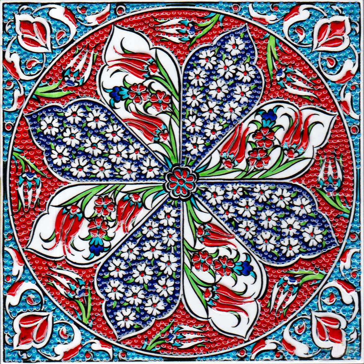 Hand Painted Turkish Ceramic Tile -  Handmade Decorative Floral Patterned Tile - 8 in [20Cm] - Zeem Ceramic