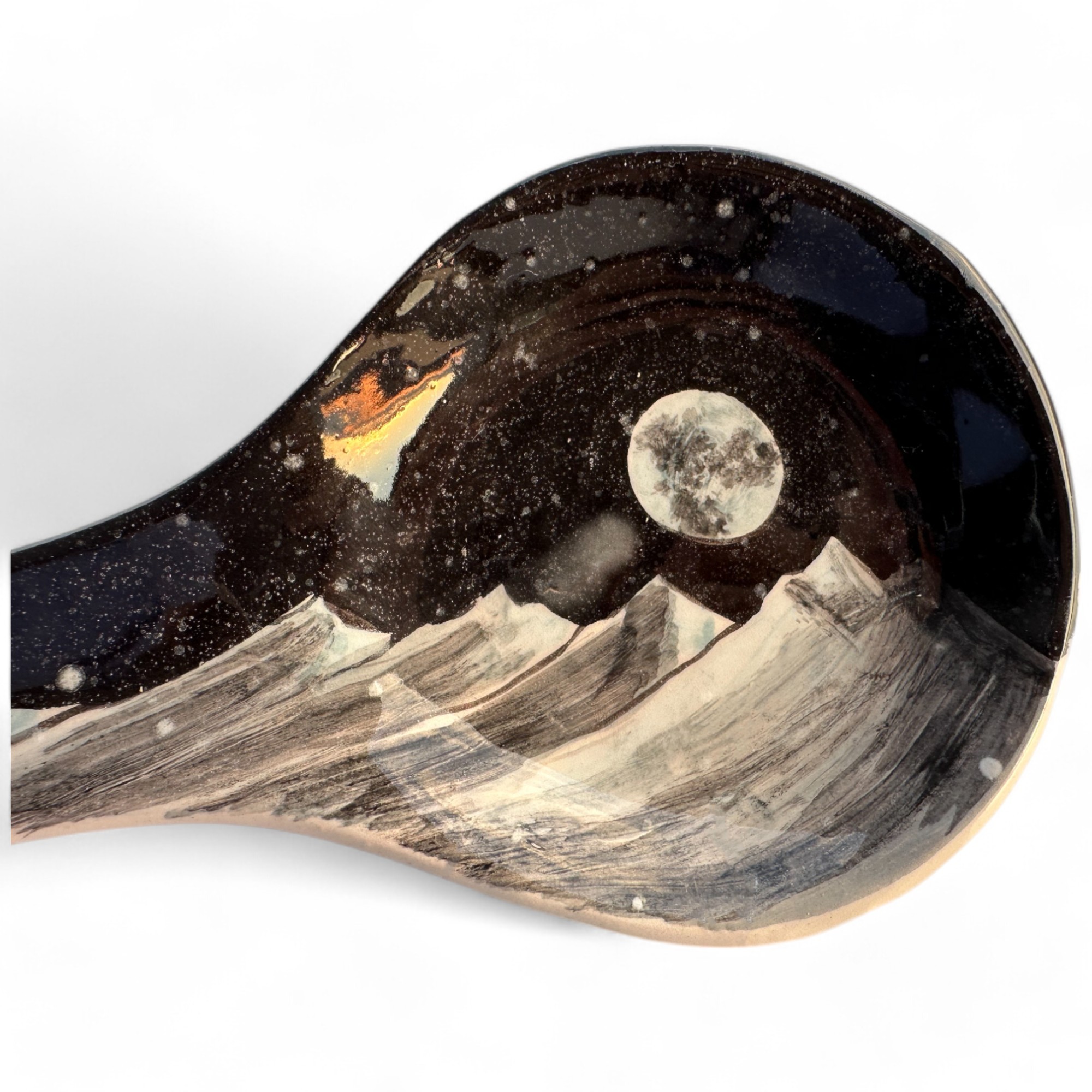 Handcrafted Animal Patterned Ceramic Spoon Rest - Hand Painted Sea Design Spoon Holder - Night, Moon and Mountain