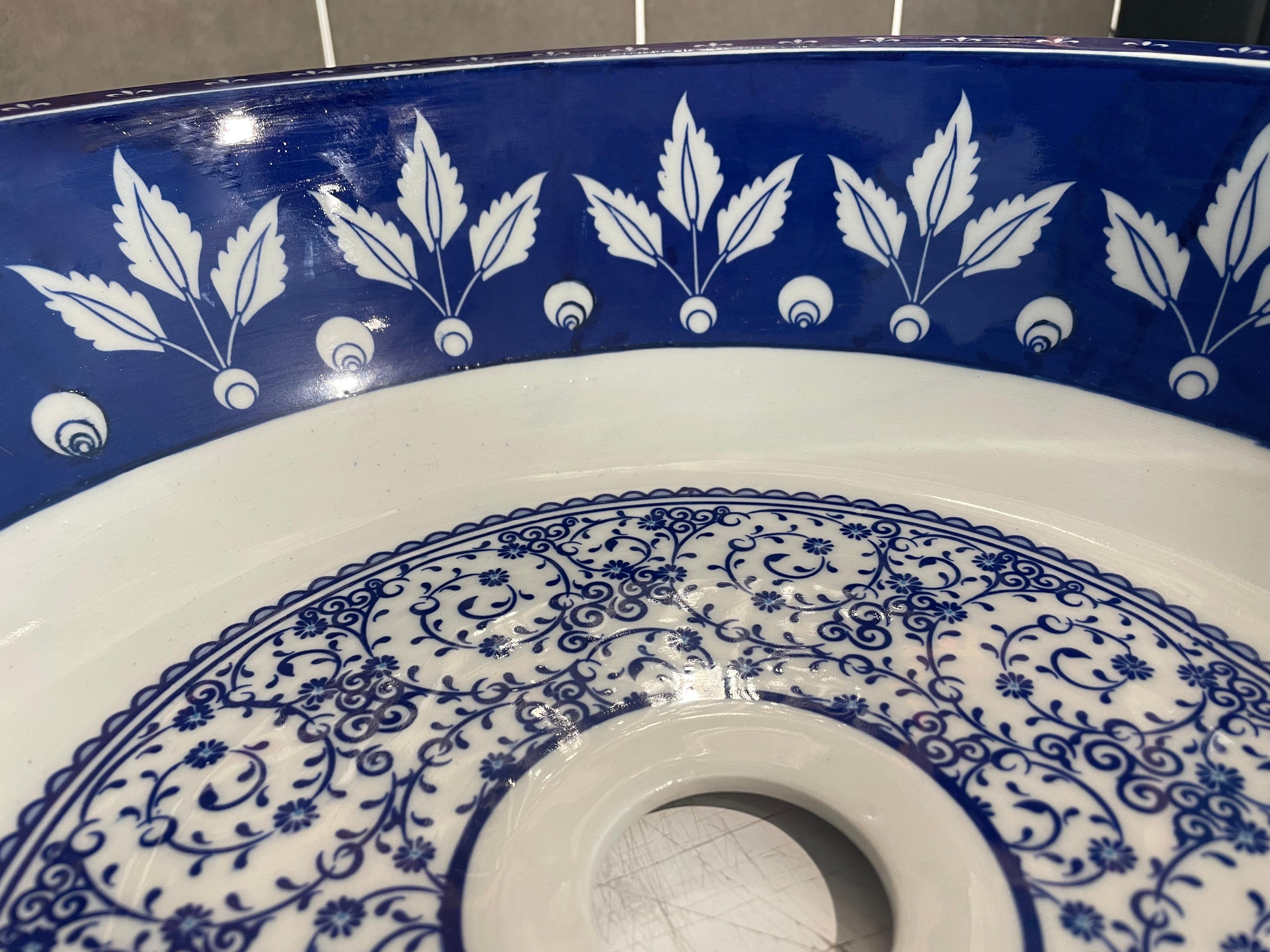 Hand Painted Bathroom Vanity Top Ceramic Vessel Sink - White Leaf and Blue Halic