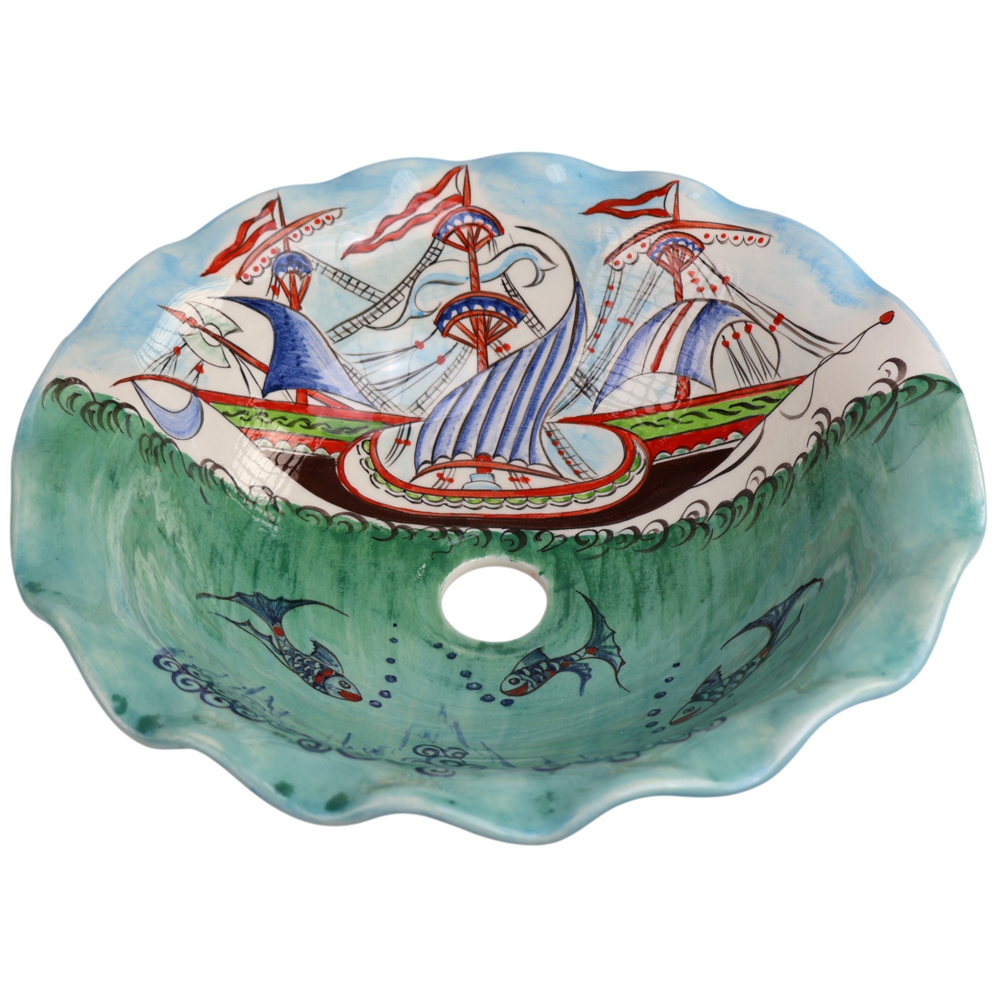 Hand-Painted Nautical Ceramic Sink - Turkish Ceramic Bowl Sink | Iznik-Inspired Bathroom Sink for Remodeling with Maritime Decor
