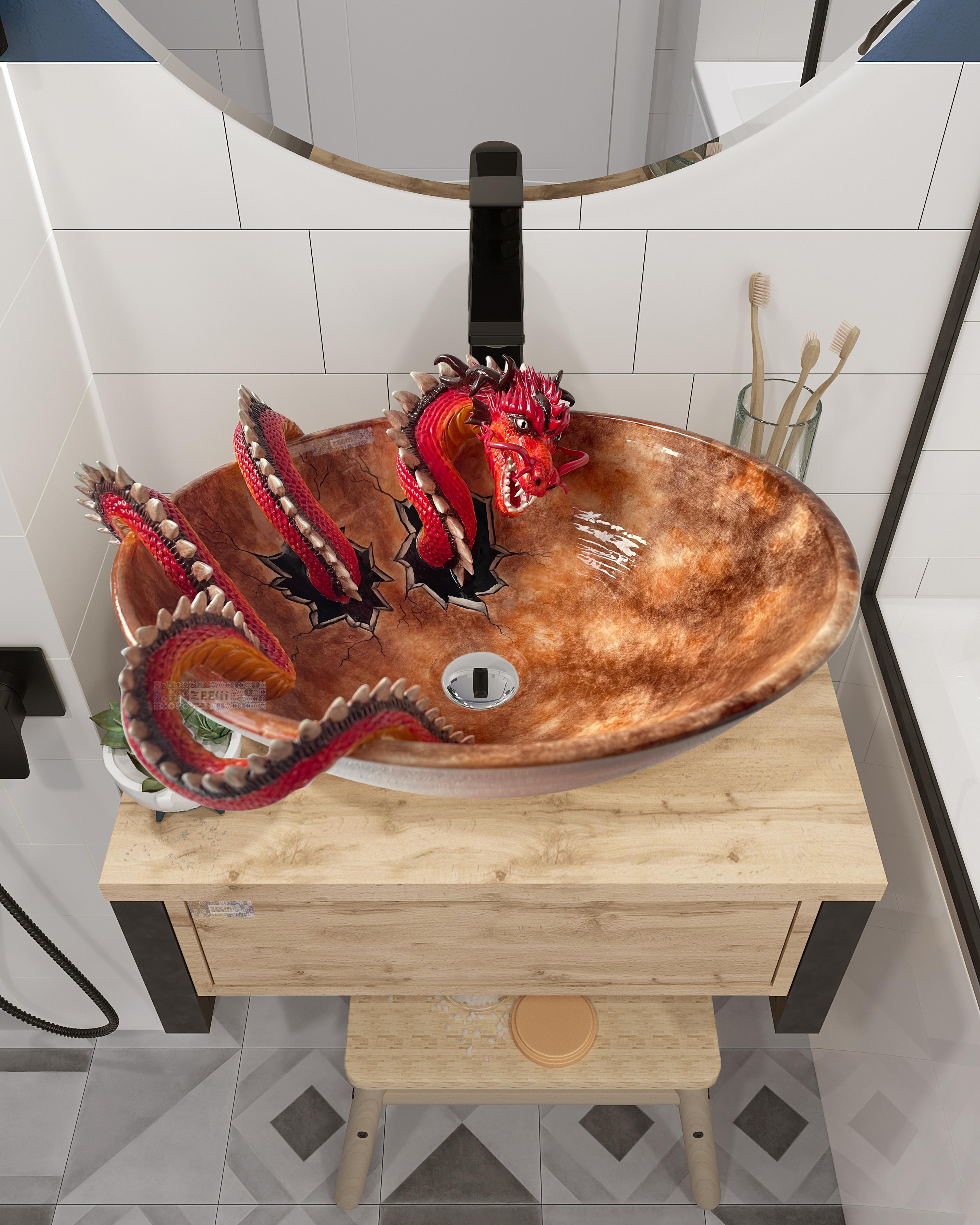 Bathroom Countertop Ceramic Vessel Sink - Dragon Sculpture