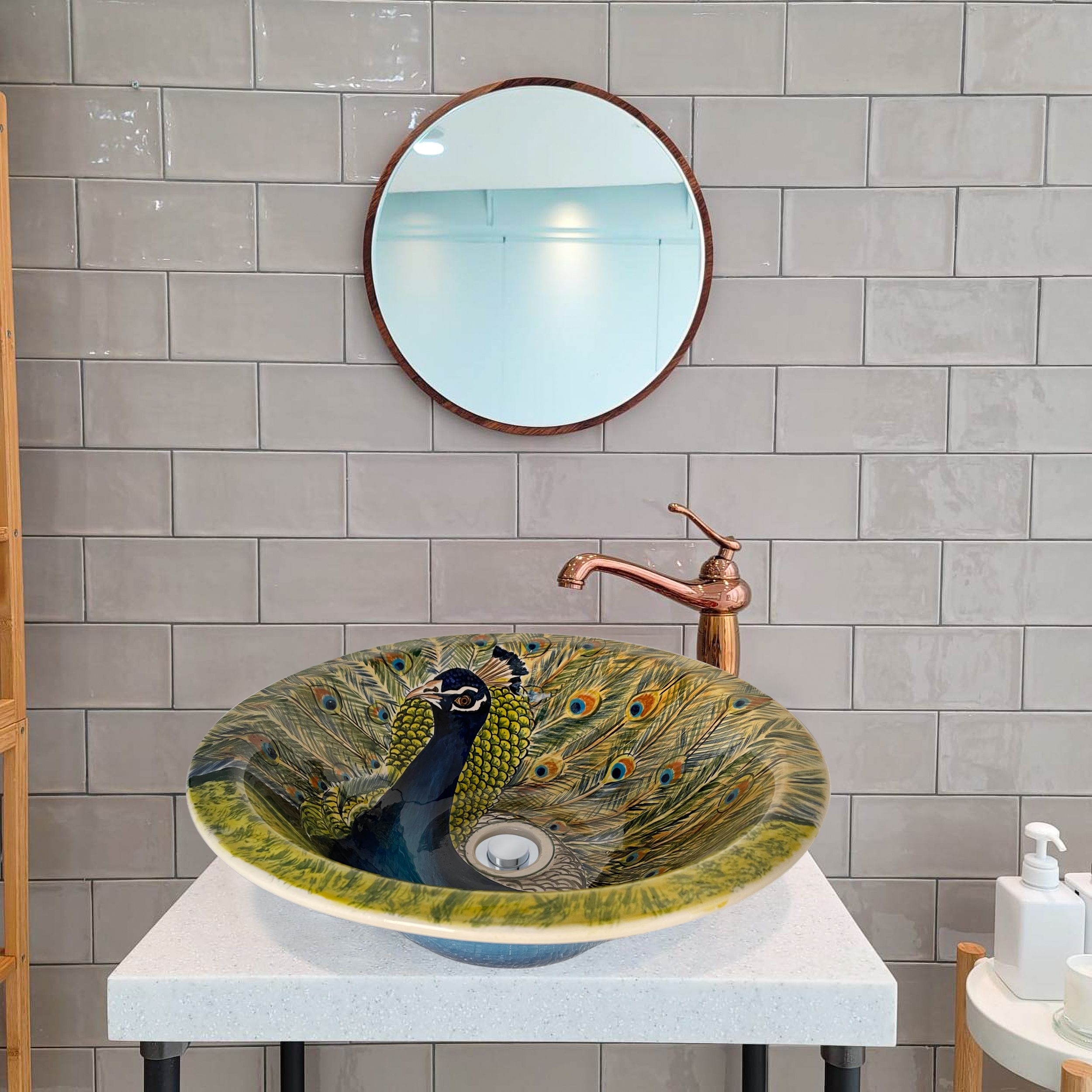 Hand Painted Bathroom Vanity Top Ceramic Vessel Sink - Peacock