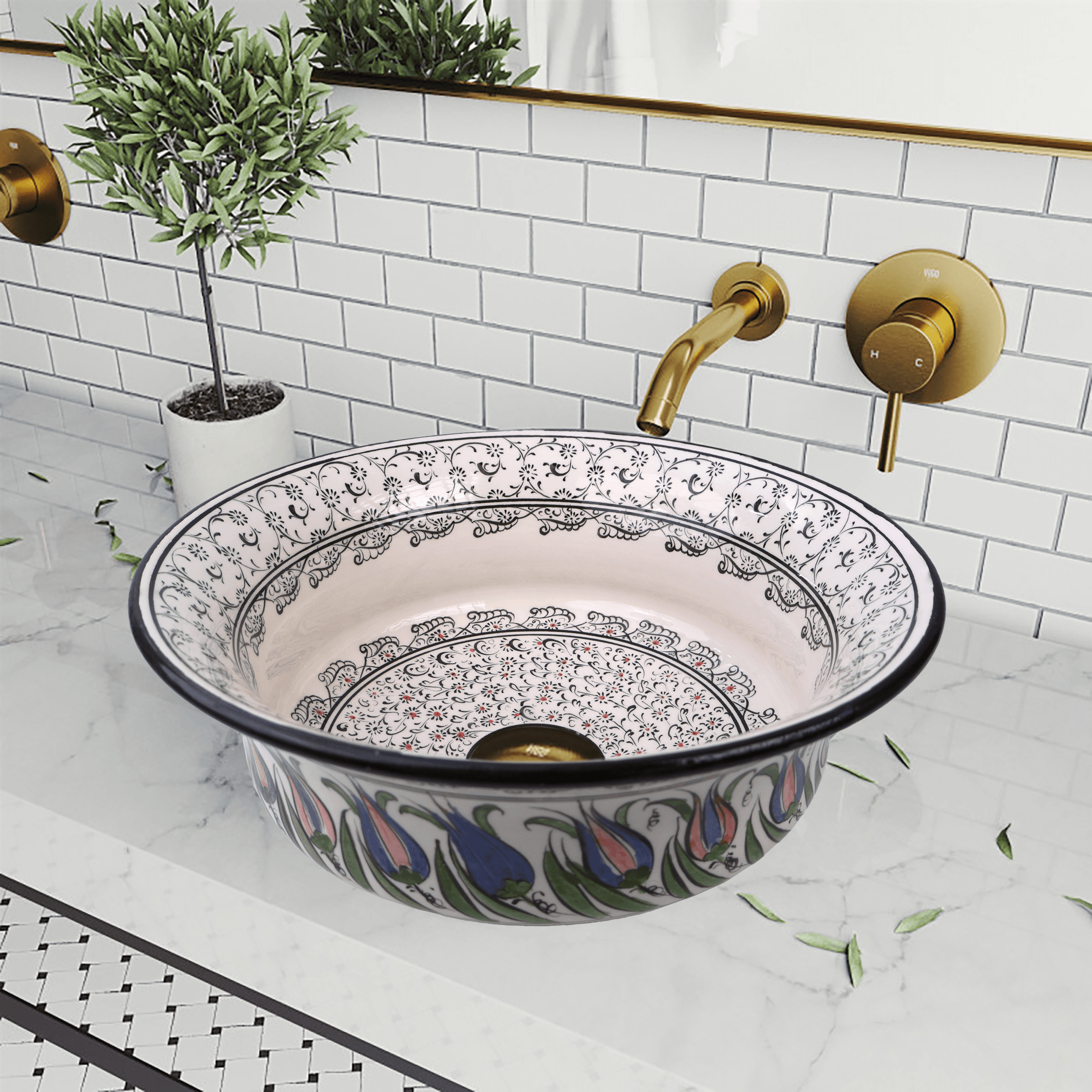 Classic Black and White Ceramic Sink - Geometric and Tulip Floral Mix