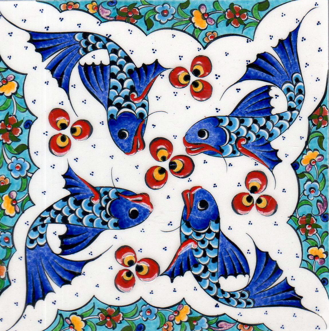 Hand Painted Turkish Ceramic Tile -  Handmade Decorative Fish Patterned Tile - 8 in [20Cm] - Zeem Ceramic