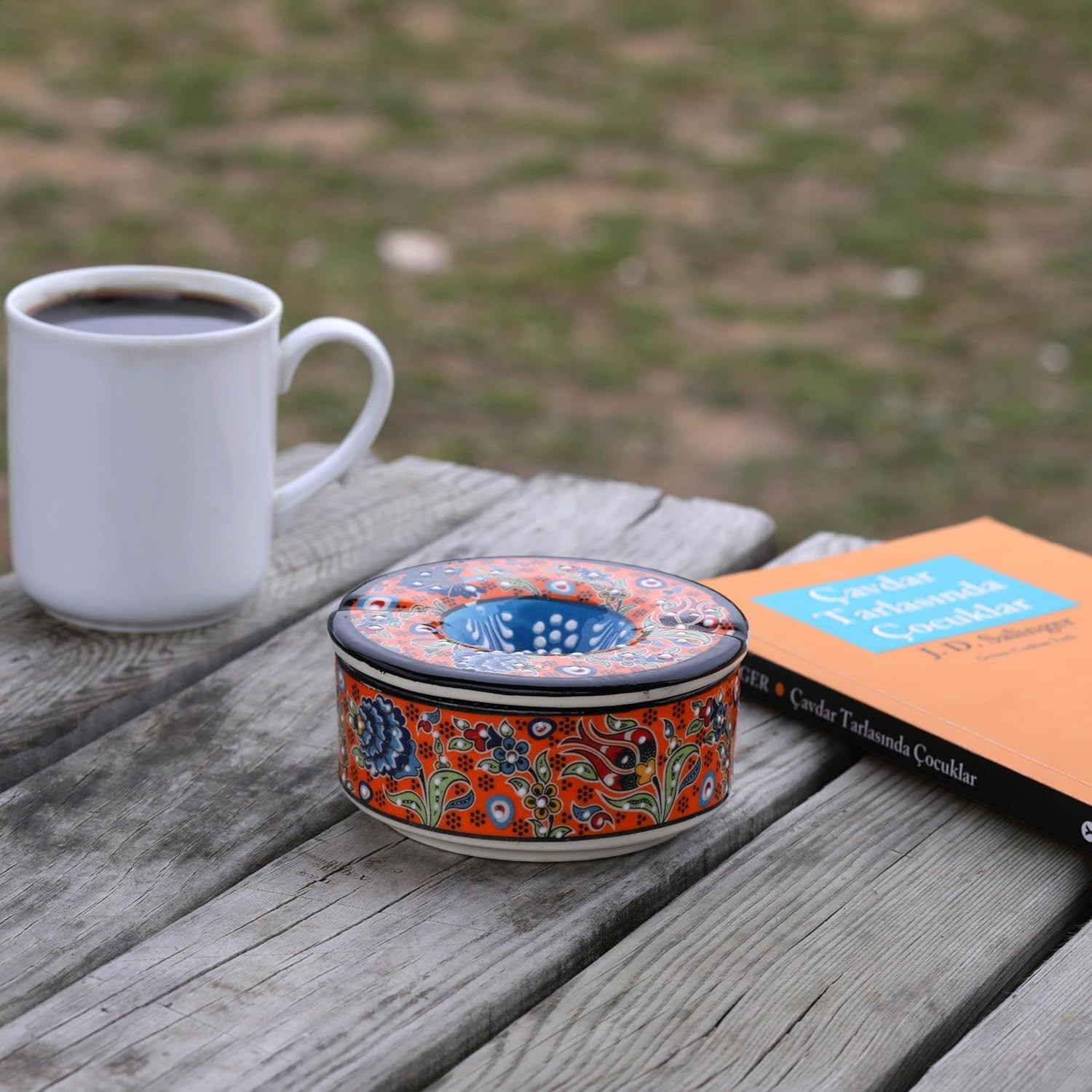 Printed Ceramic Ashtray - Assorted Colors and Floral Patterns - Orange