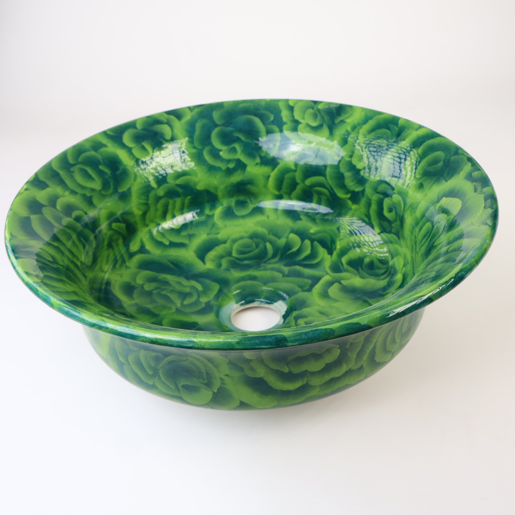 Bathroom Vessel Sink | Watercolor Artisan Floral Washbasin - Green