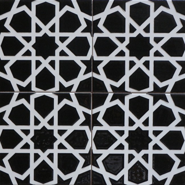 Screenprinting Turkish Ceramic Tile - Handcrafted Kitchen Backsplash Black Color Tile with Geometrical Pattern - 8 in [20Cm]