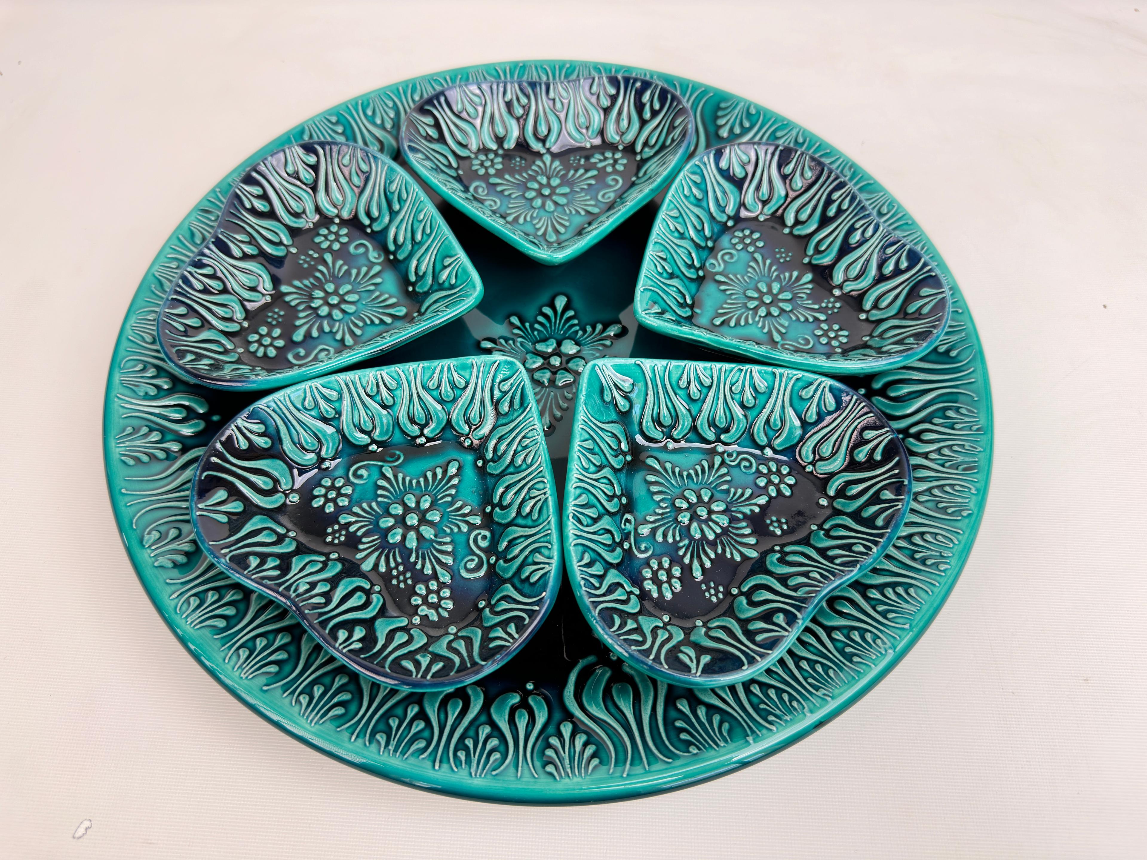 Hand Painted Snack Serving Platter and Dish Crudite Set - Embossed Floral - Turquoise